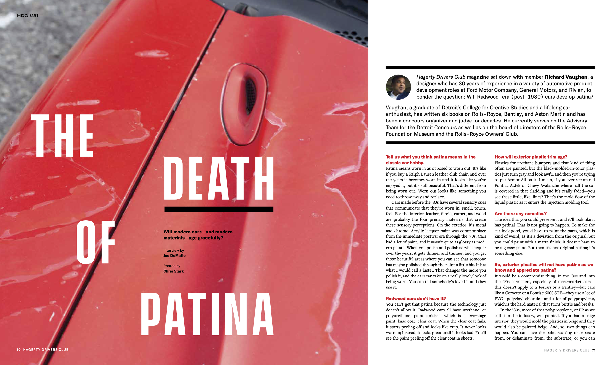 Close-up of a red car's hood with scratches and paint damage, and part of a magazine page with text discussing car paint and patina.