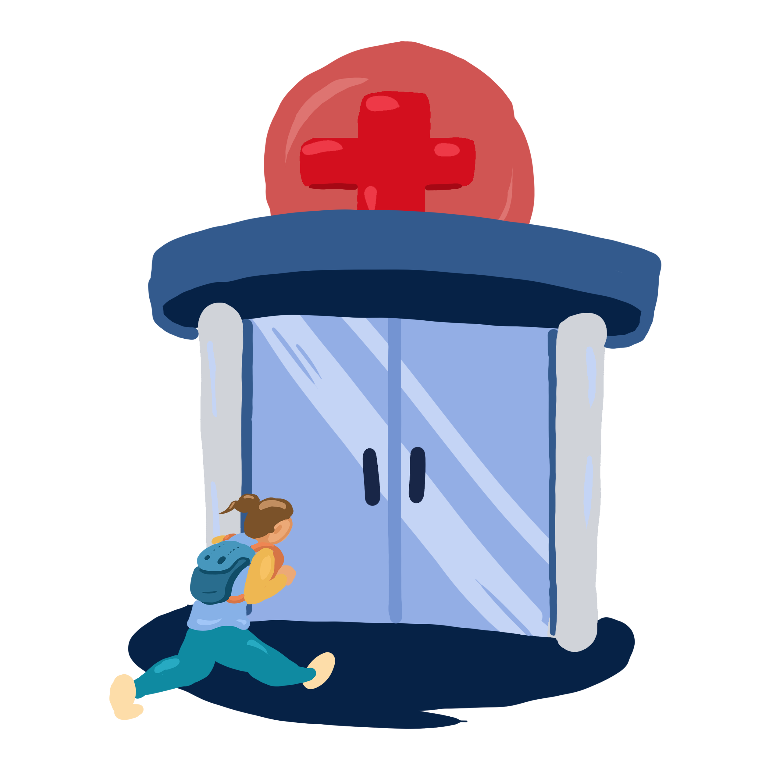 An illustration of a college student rushing into the hospital during a medical emergency