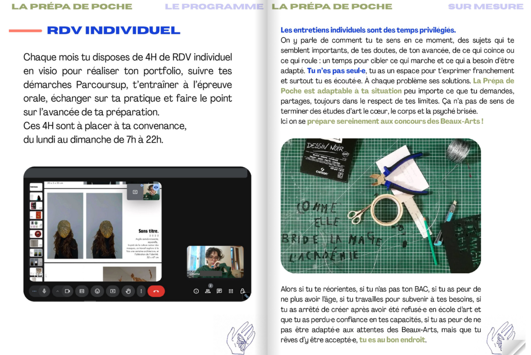 Page de brochure ou de magazine en français proposant des conseils pour la préparation mentale, avec des sections sur des rendez-vous individuels, un programme personnalisé, et une photo d'une table avec des objets d'artisanat et du matériel artisanal. Inclut une capture d'écran d'une réunion vidéo face-à-face.