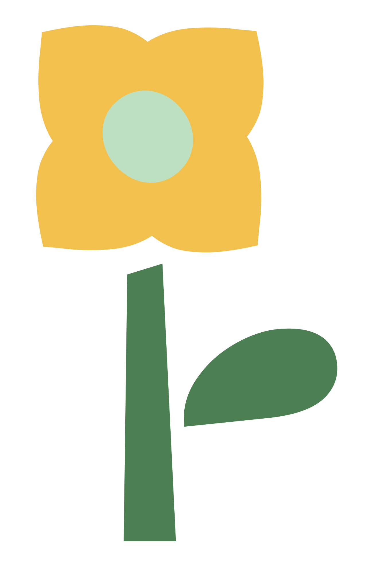 A simple, stylized drawing of a yellow flower with a light blue center, a green stem, and a single green leaf.