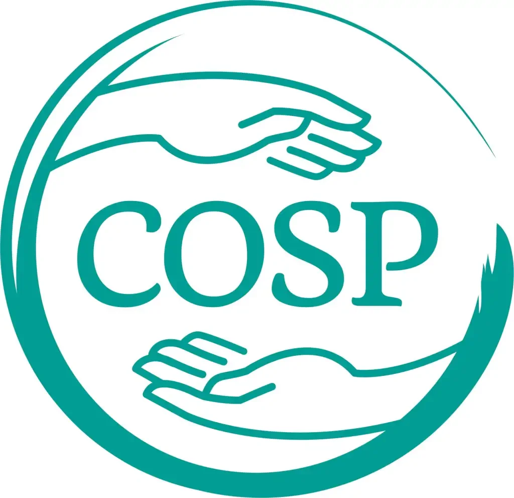 Logo with two hands surrounding the word 'COSP' in the center, the logo for respectful parenting company Circle of Security Parenting, which Emma Koehler is trained in.