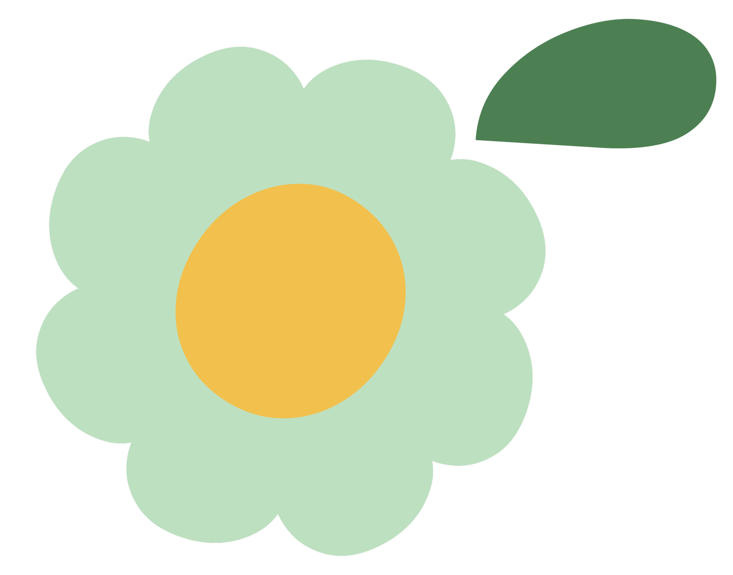 A simple, stylized illustration of a daisy flower with light green petals, a yellow center, and a single green leaf.