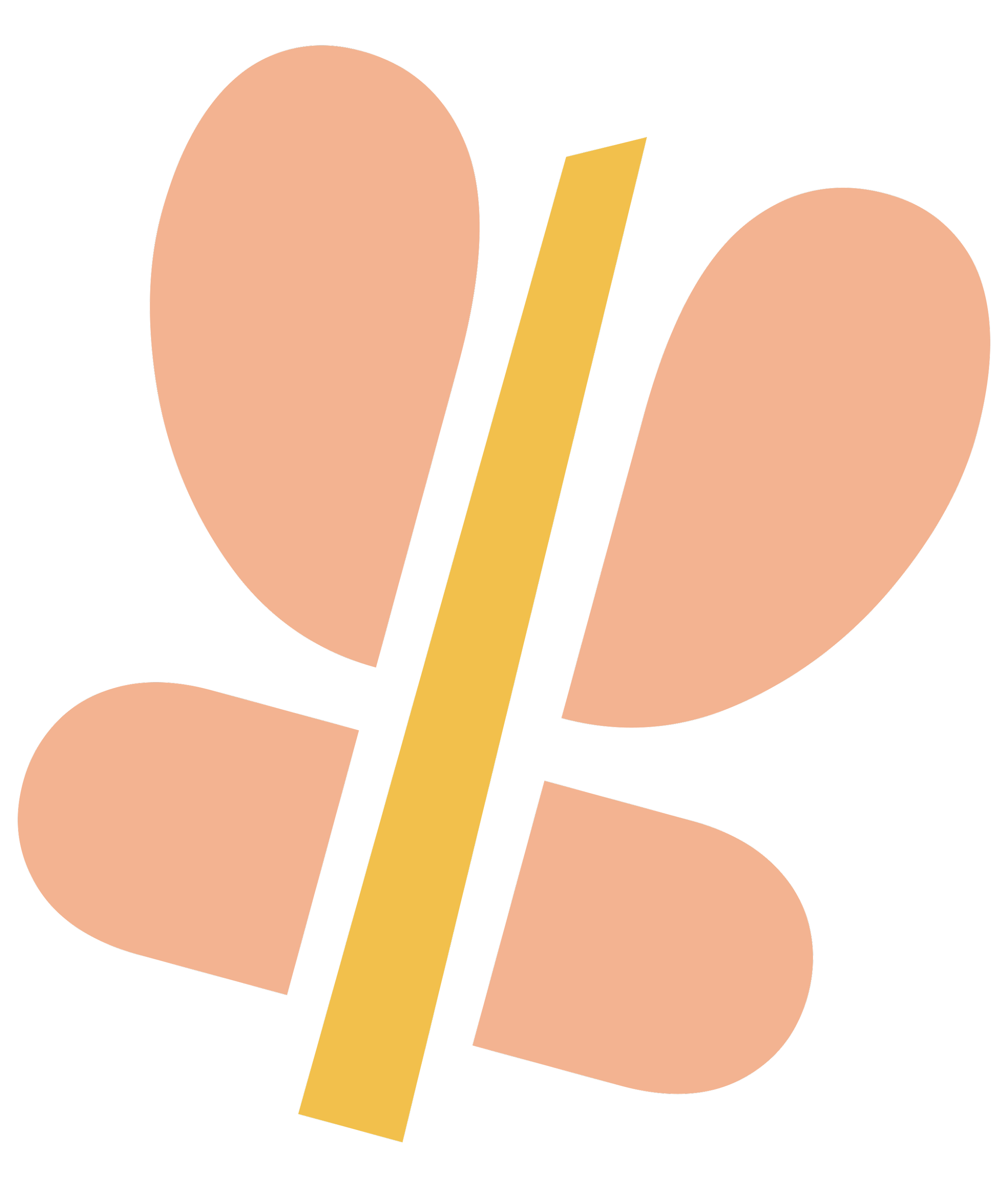 A minimalist abstract illustration of a butterfly with two peach-colored wings and a yellow body on a black background.