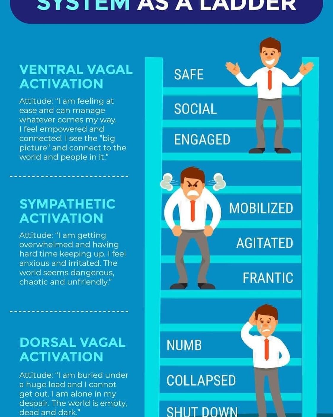 Thank you @debdana for this chart from the polyvagal theory in therapy- it helps us identify when we are out of the window of tolerance - vagal tone is important to maintain and has a physiological component to it- breathwork, meditation, exercise, y