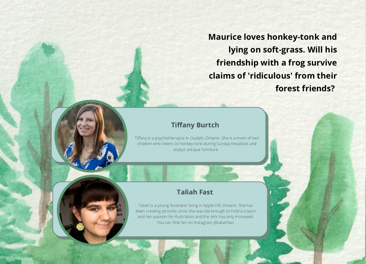 Illustrated scene with trees in the background and two profile cards with photos of Tiffany Burtch and Taliah Fast. Tiffany lives in Guelph, Ontario, and Taliah lives in Apple Hill, Ontario.