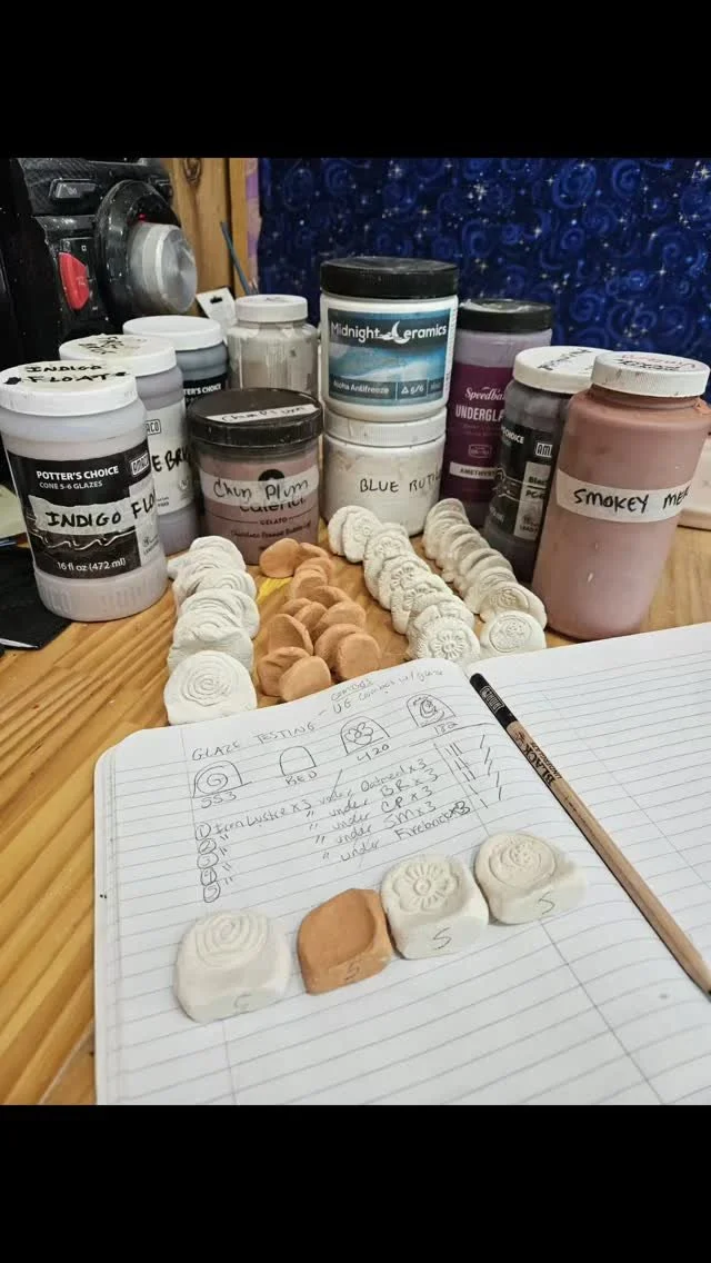 I am testing glaze combos and techniques on 4 different clay bodies: Standard 181 throwing clay, Standard 553 Buff all purpose clay, Standard 214 Red throwing clay, Standard 420 sculpture clay. There is no way to know how glazes will look in each fir