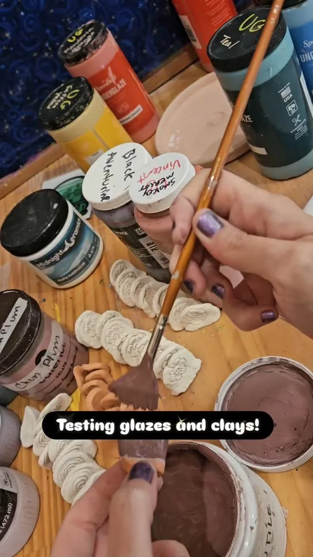 Testing always takes forever, but hopefully, you get a few favorites! I think I like the dark red clay results the best!! Surprise! This is why you always test glaze AND clays.
.
More later... I have a lot in the kiln and on my easel, whilst also en