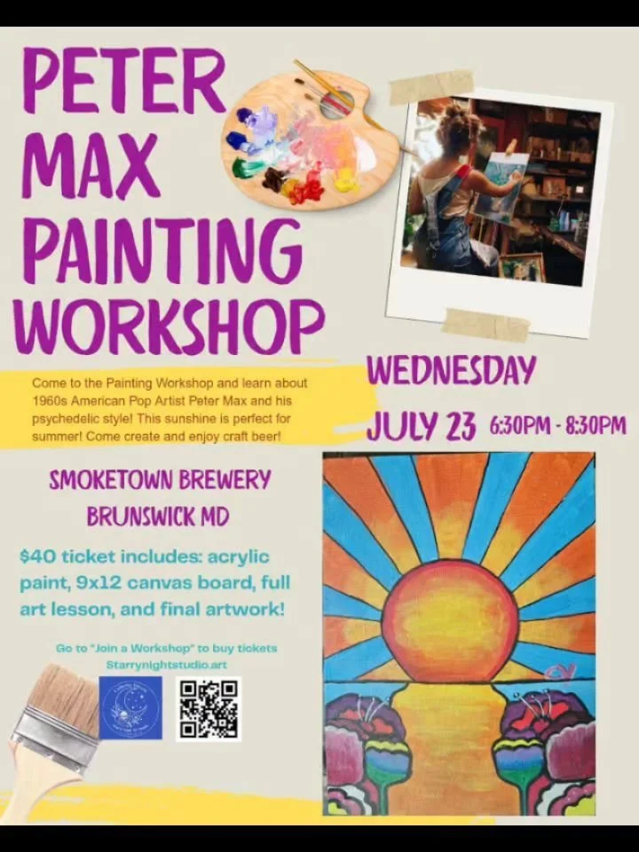 Psychedelic Paint Night, July 23 @smoketownbrewing!
.
Learn about iconic 1960s American Pop Artist Peter Max and his psychedelic style! Create a summer scene with sunshine and colorful blossoms of your choice!
Your ticket includes π
9x12 canva