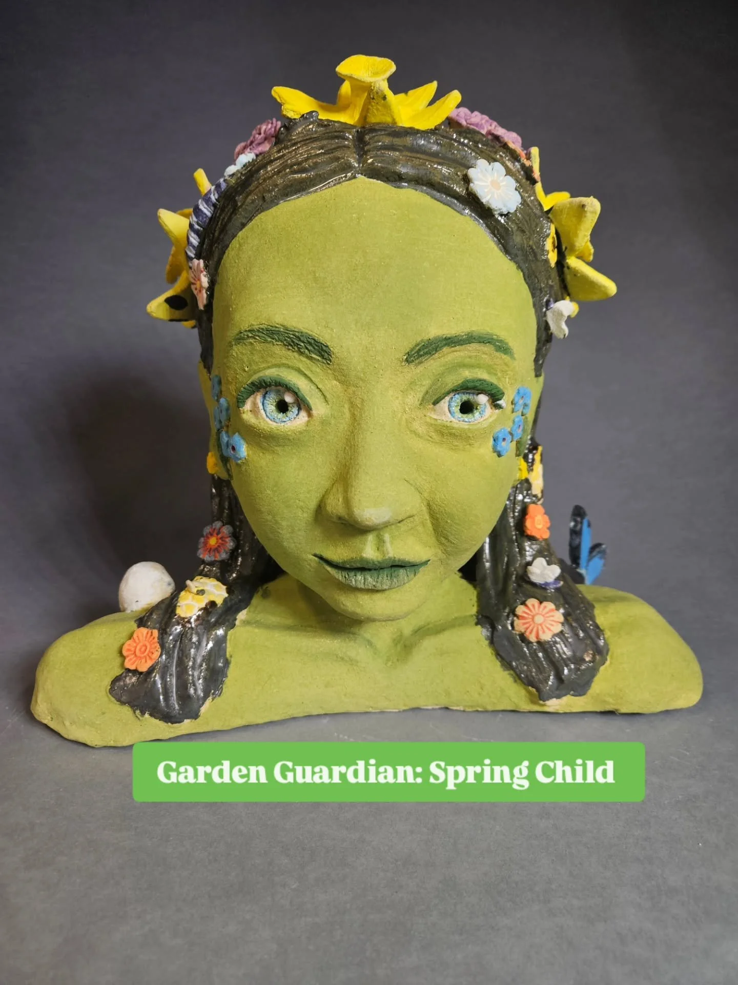 Garden Guardian: Spring Child is complete. She is a planter or a vase, with holes to insert flowers or whatever you like into her crown.
.
She is an allegory for spring and growth and perseverance.
.
This is my first artwork worthy of my MA show. M