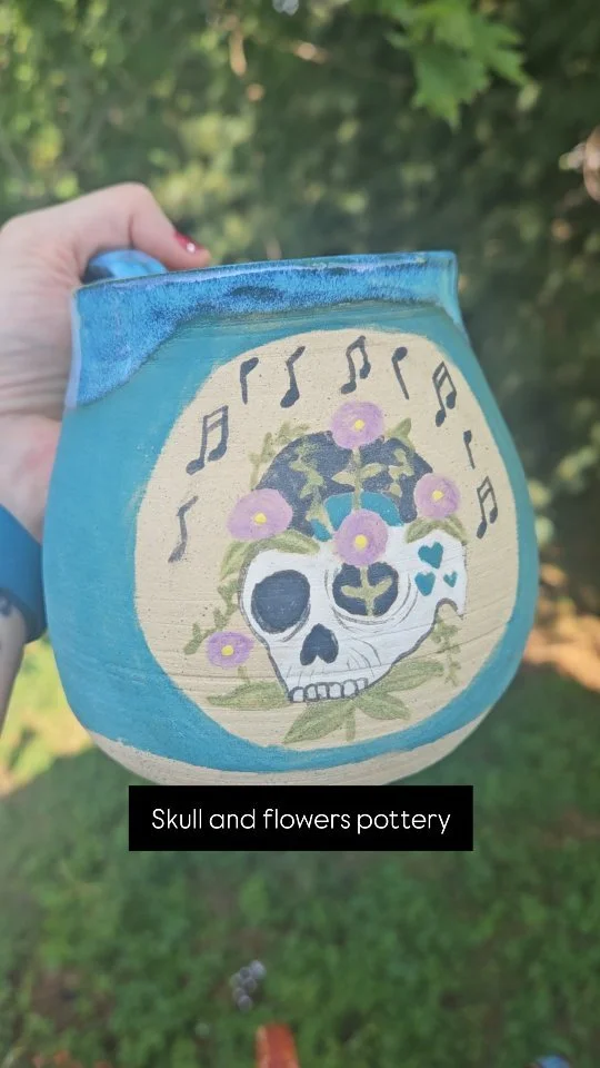 Tiny pots, planters, & mugs.
.
Skulls and flowers are a motif that is tied to my artist's statement for my MA Show, Lifecycles: Pillars of Growth.
.
The garden is a metaphor for life itself. Growth can not occur without death, and there is beau