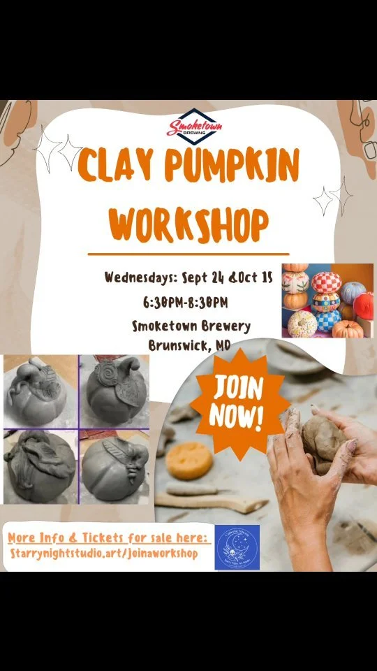 Sept 24 & Oct 15: Sculpt a pumpkin, then paint it @smoketownbrewing! 🎃
.
👩‍🎨Learn real sculpting techniques with stoneware pottery clay!
.
🎨paint your pumpkin creatively after the kiln firing! It's your art!
.
🍺Enjoy a selection of doze
