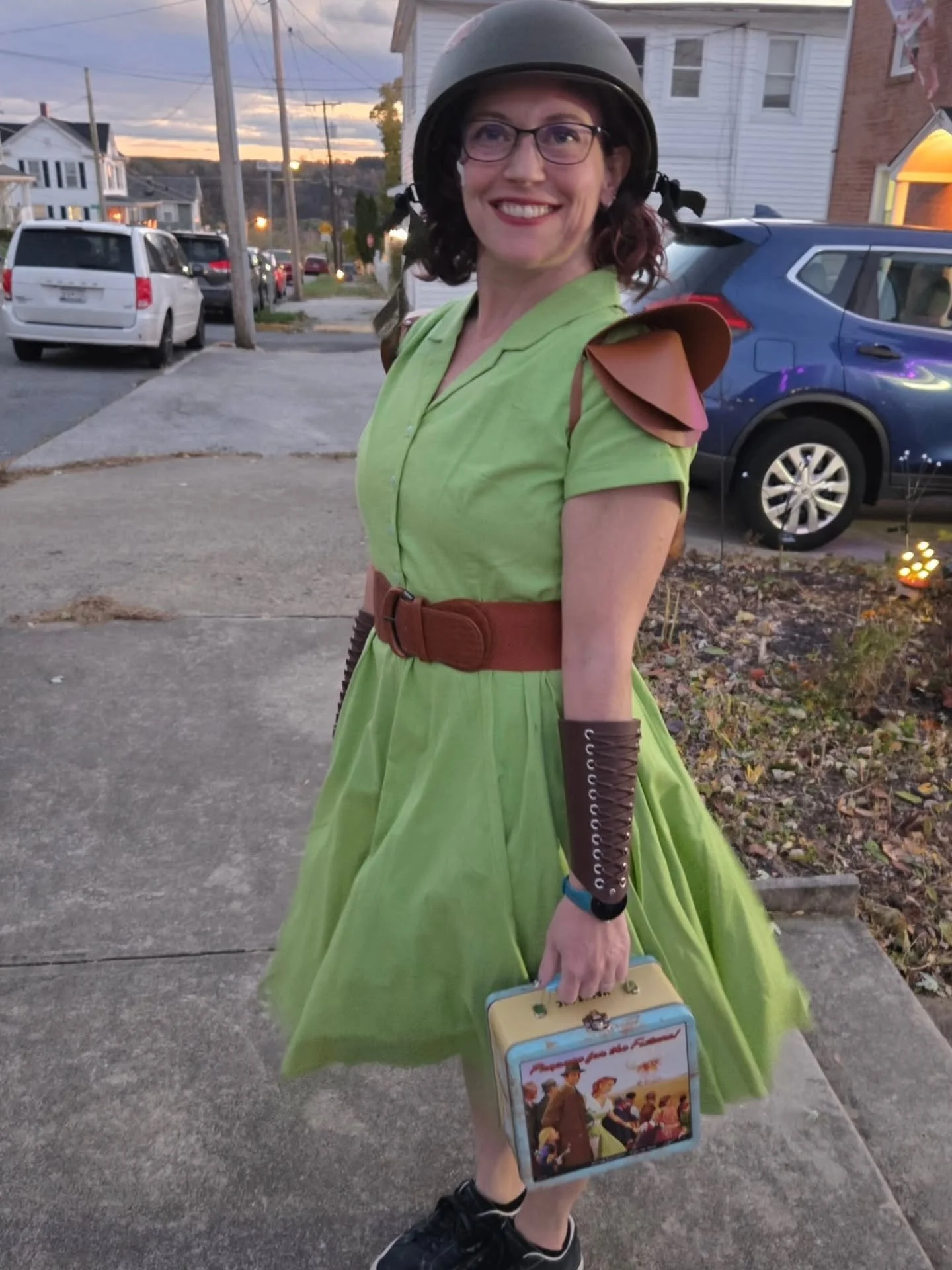 I have 987 hours on Fallout4 ....
- Laundered Green Dress with Ballistic Weave
-Dirty Army Helmet
-Leather Armor
-Vault Tec Lunchbox/ Nuka Cola bottle cap mine
- Glasses (+1 Perception)
-Pip Boy smartwatch face
- Phone playing Diamond City Radio whil