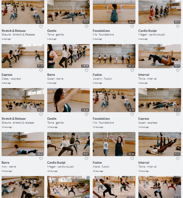 Grid of Honor Barre on-demand class video thumbnails, including Stretch & Release, Gentle, Foundations, Cardio Sculpt, Express, Barre, Fusion, and Interval sessions led by studio instructors.