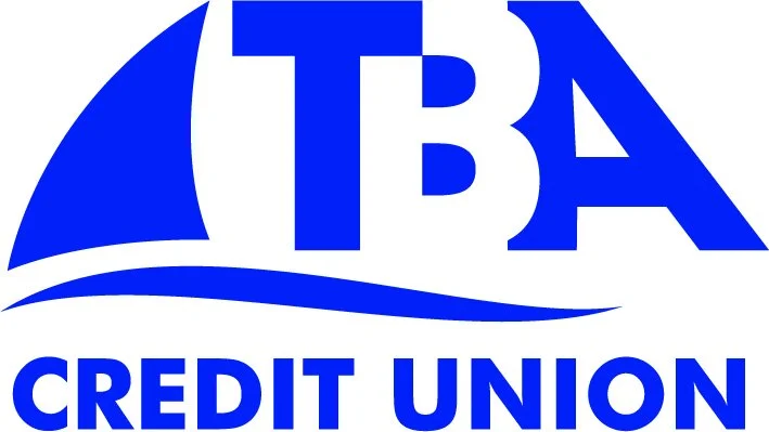 Logo of TBA Credit Union in blue with a stylized sail.