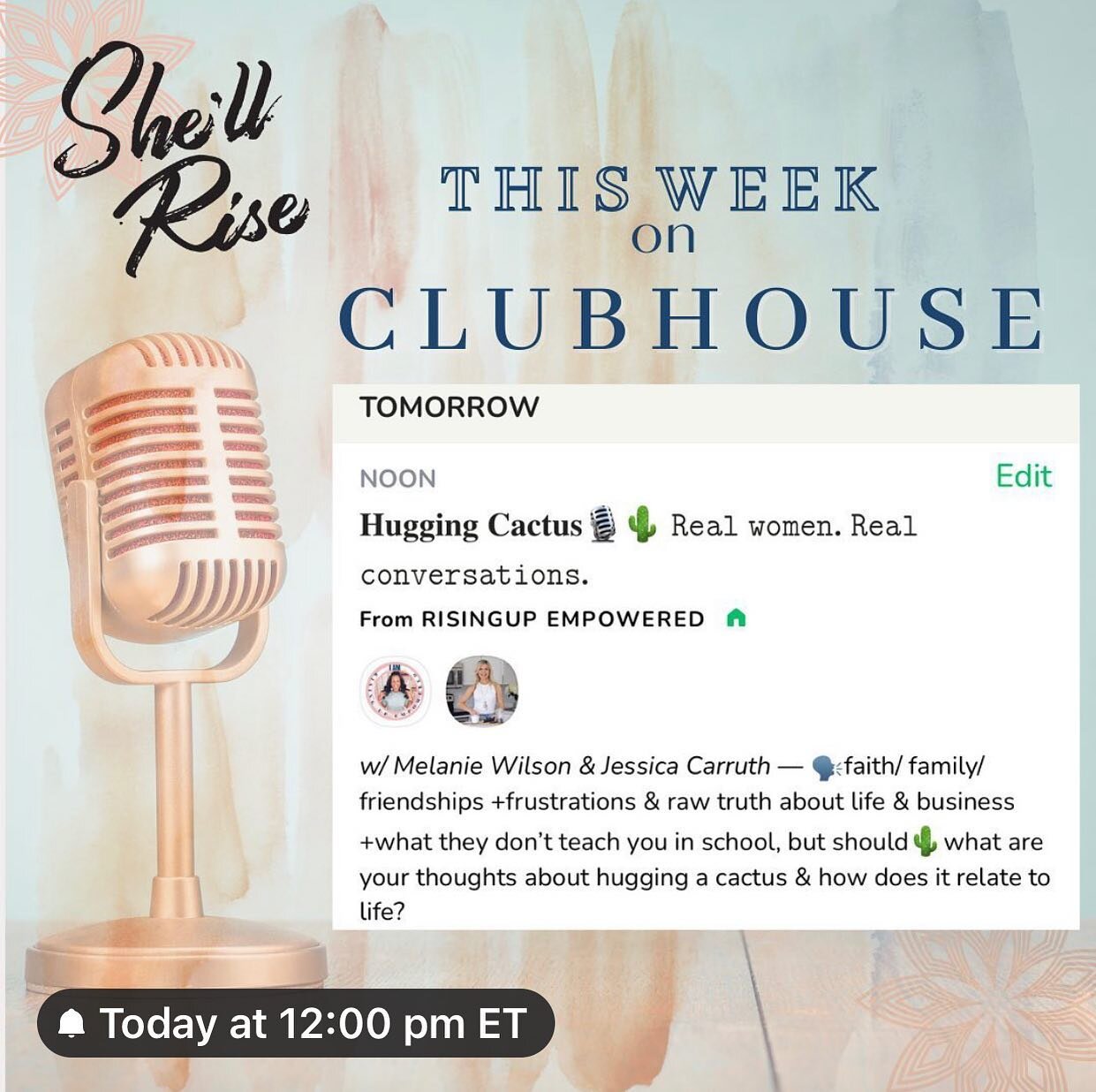 Tune in to Clubhouse today at 12:00 PM EST for Rising-Up Empowered&rsquo;s new series &ldquo;Hugging Cactus.&rdquo; 🎙🌵 

During the group discussion we&rsquo;ll chat all things life, business, health, spirituality, and more &mdash; and discuss juic