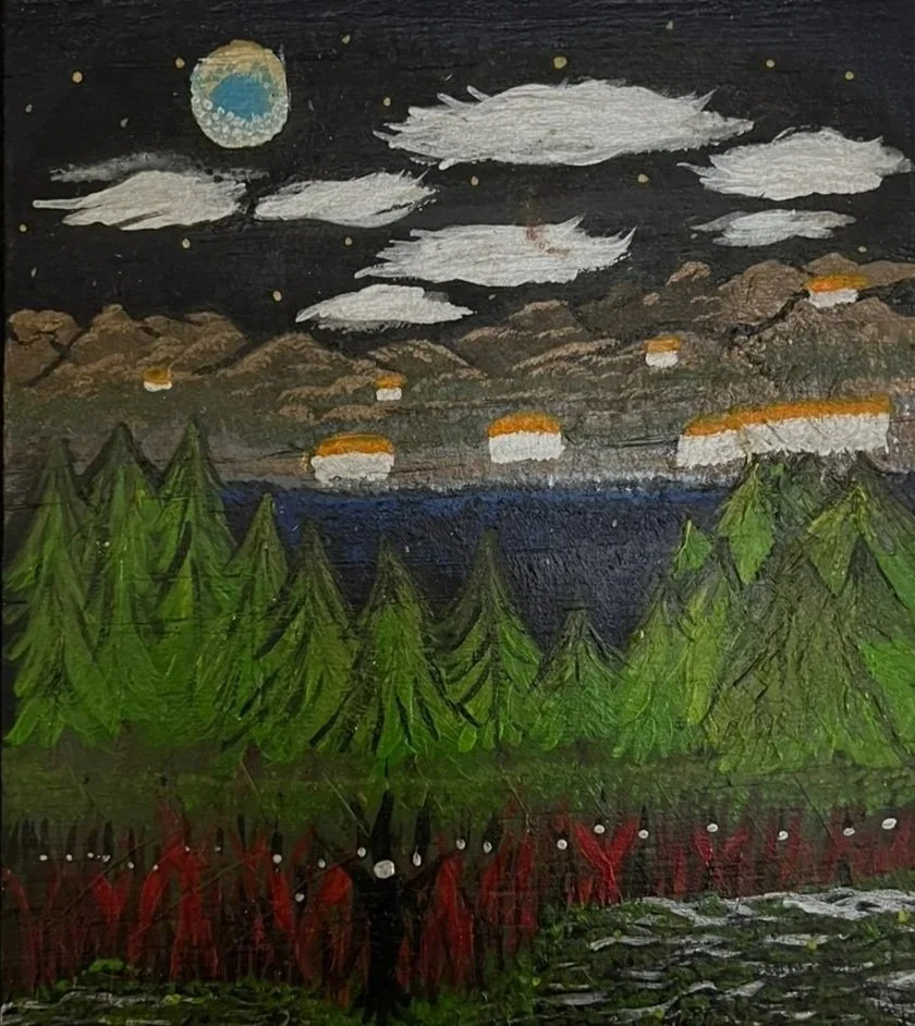  “Make a joyful noise” '25 is a piece which shows red figures performing a ceremony in the forest, bringing light to past and present spiritual practices, and their significance in community building. The freedom to express one’s spiritual views is t