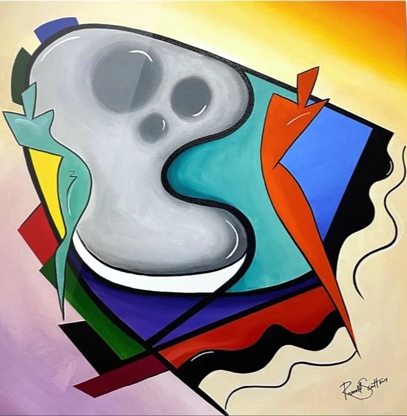 Planet Of Two ---- This painting to me reflects the love between two souls, one being in total love and acceptance of the lover. This is represented by the two colors being next to each other (orange/teal). While the other lover seems hesitant to ful