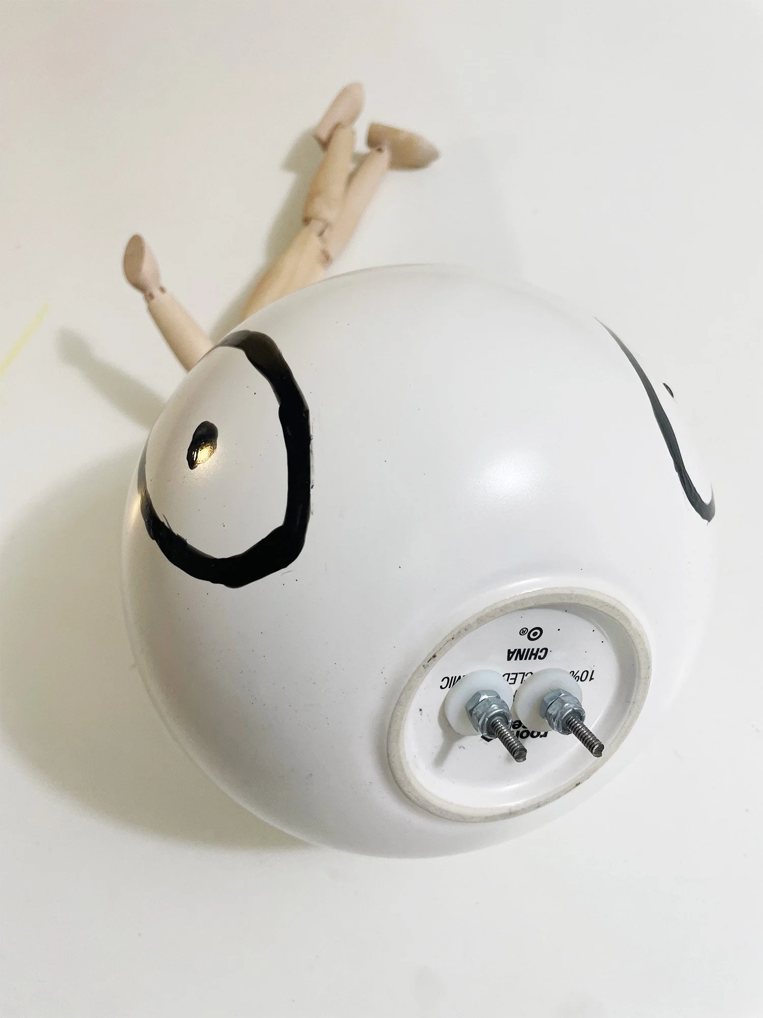 Untitled (vase head), 6h x 15w x 6d, adjustable wooden mannequin, round ceramic vase, bake-on paint, threaded rod, nuts, washers, glue, 2026
