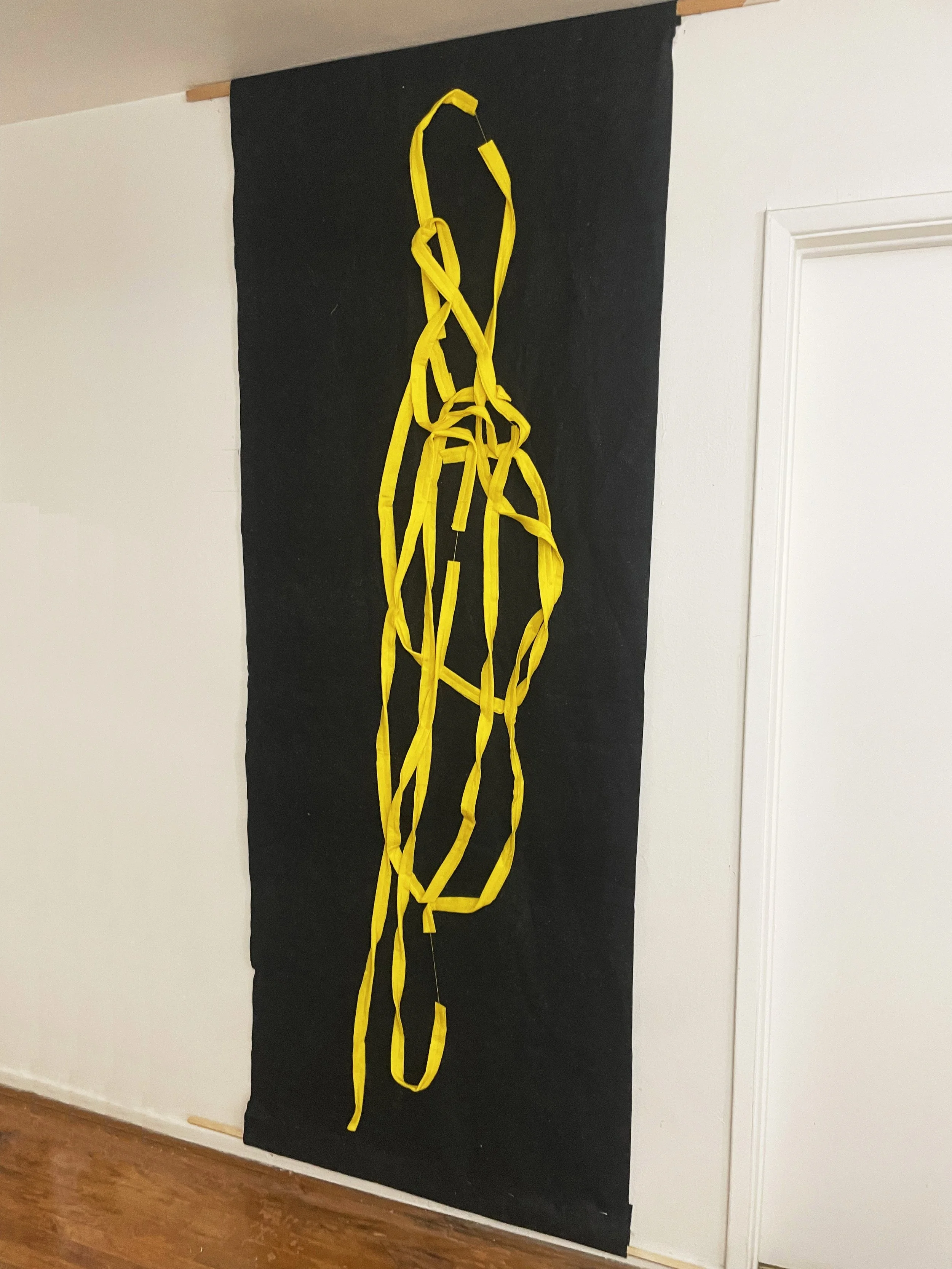 Untitled (the spaghetti tapestry), 2018-2026, 8’ x 3’, black sparkle felt, yellow felt, thread, cotton edging. This was a piece I pinned together in my studio off Brady St. in Milwaukee in 2018. This summer I finished it. Although it is from a differ