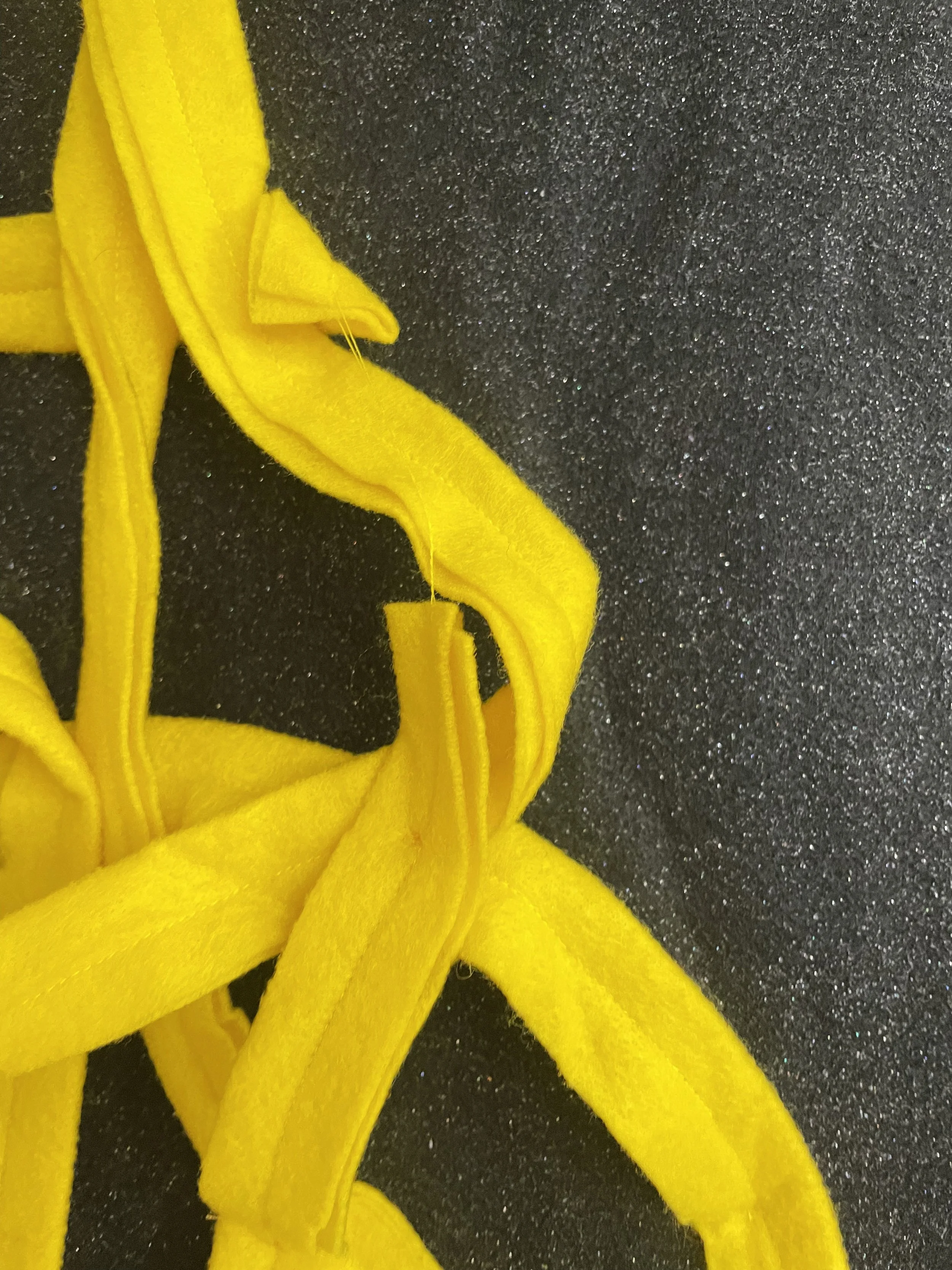 Untitled (the spaghetti tapestry), 2018-2026, 8’ x 3’, black sparkle felt, yellow felt, thread, cotton edging. (detail)