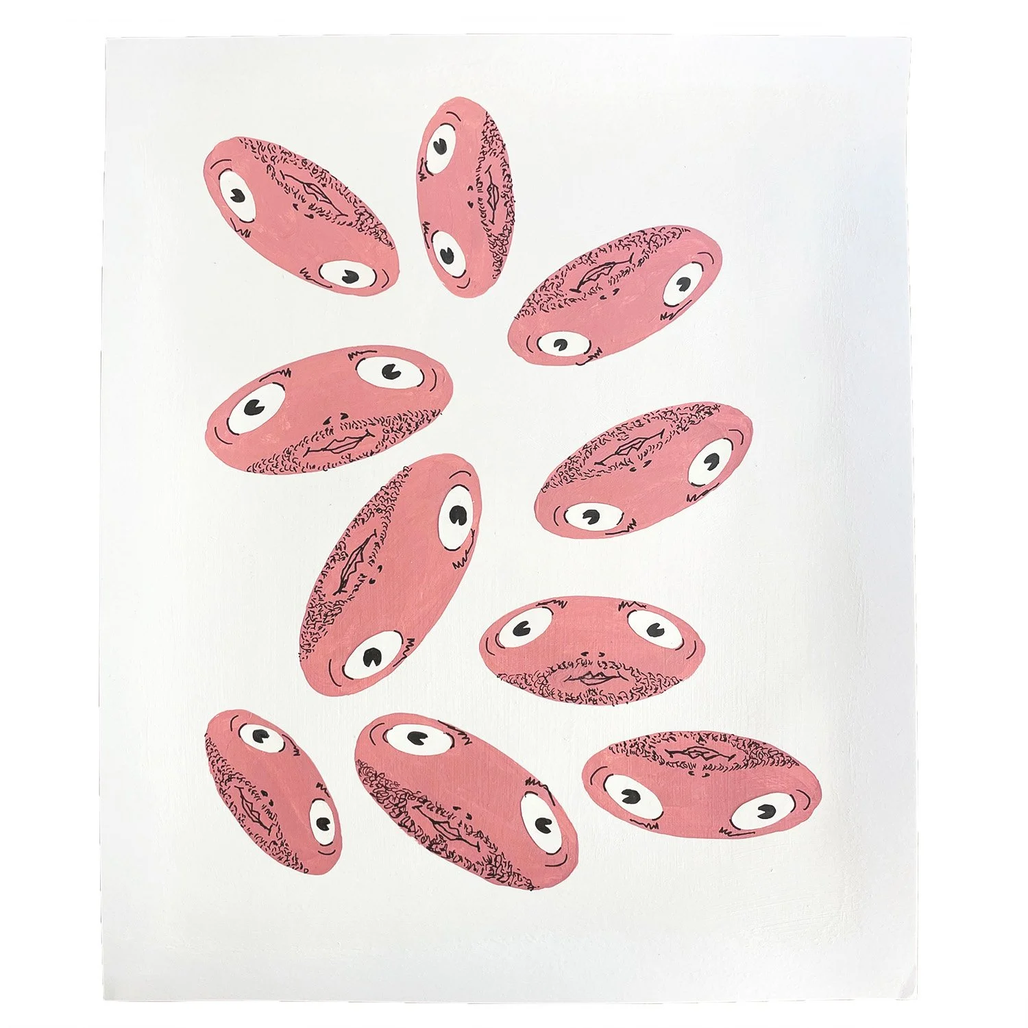 10 Floppy Faces, 17 x 14, acrylic primer, acrylic gouache, Coloraid Paper, ink pen on paper, 2026