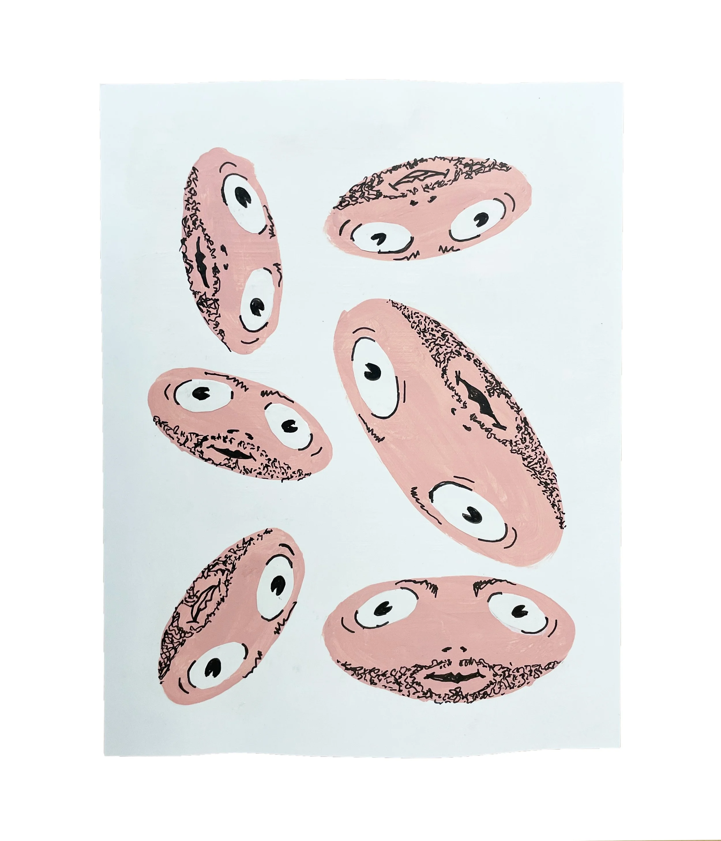 Pink Floppy Faces, 11 x 8.5, primer, acrylic gouache, Coloraid Paper, ink pen, 2026