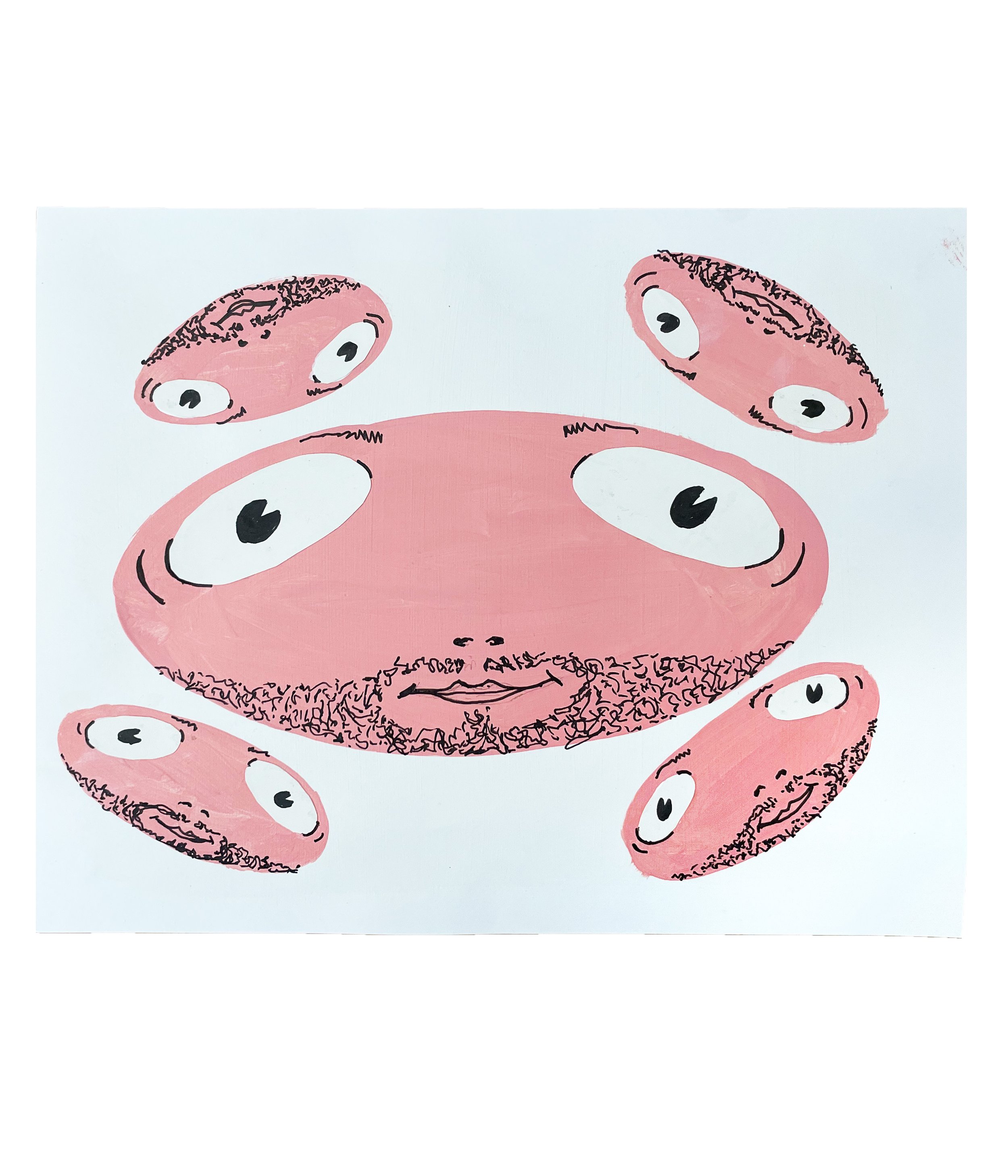 Pink Floppy Faces, 8.5 x 1, primer, acrylic gouache, Coloraid Paper, ink pen, 2026