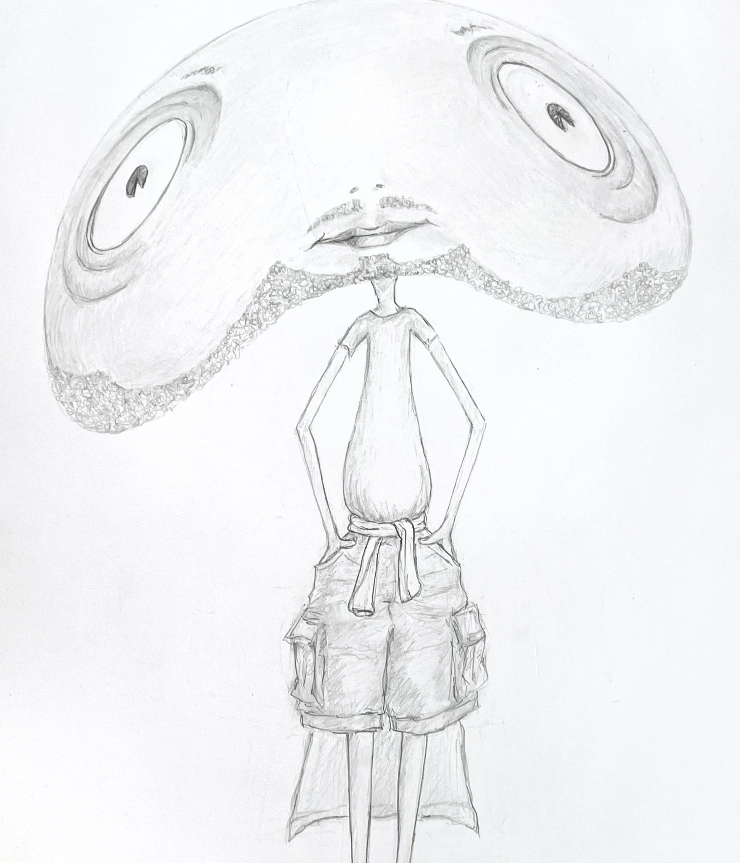 Floppy Face in Cargo Shorts, 14 x 8, graphite pencil on paper, 2026 (detail)