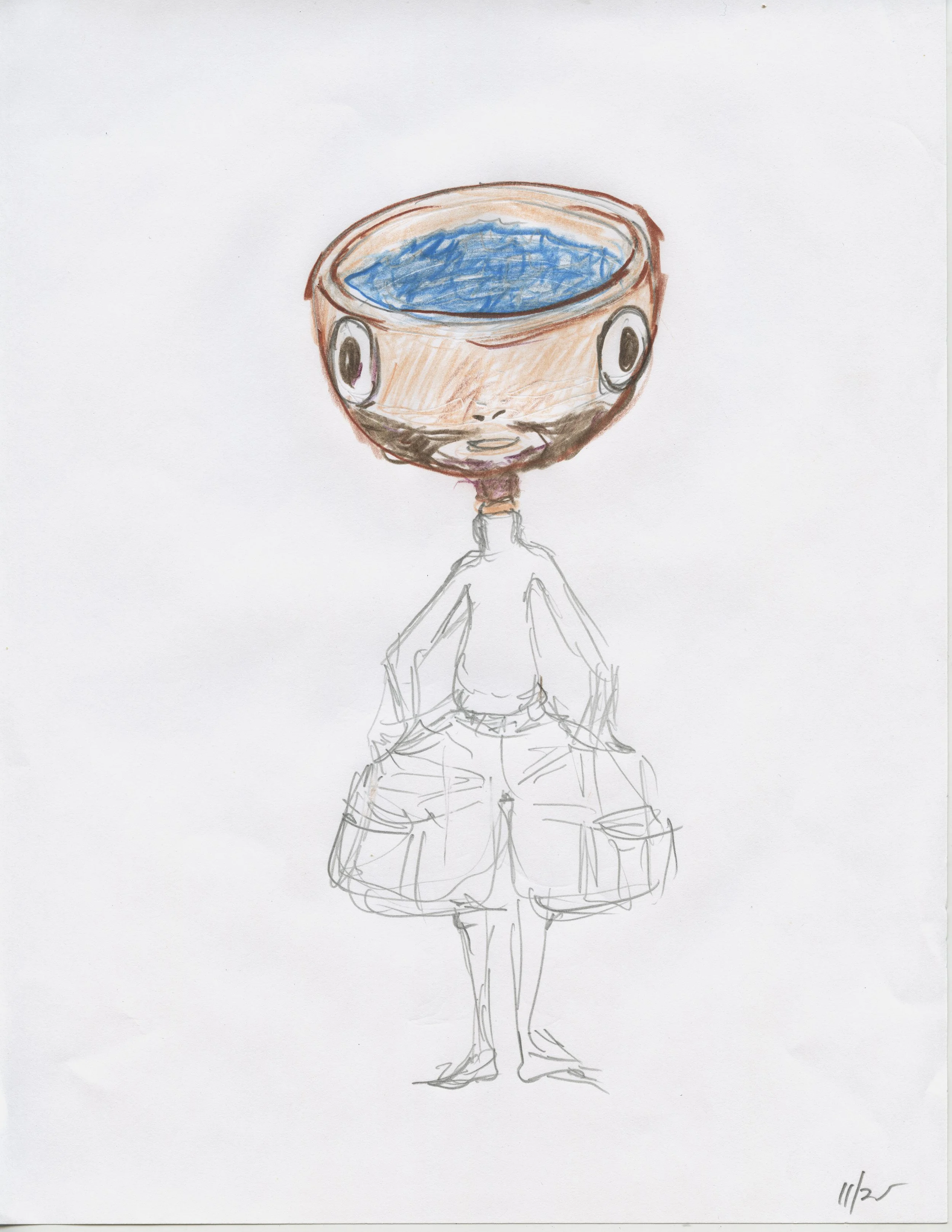 MantuaCargo bowl head, 2025, 11 x 8, color pencil and graphite on paper