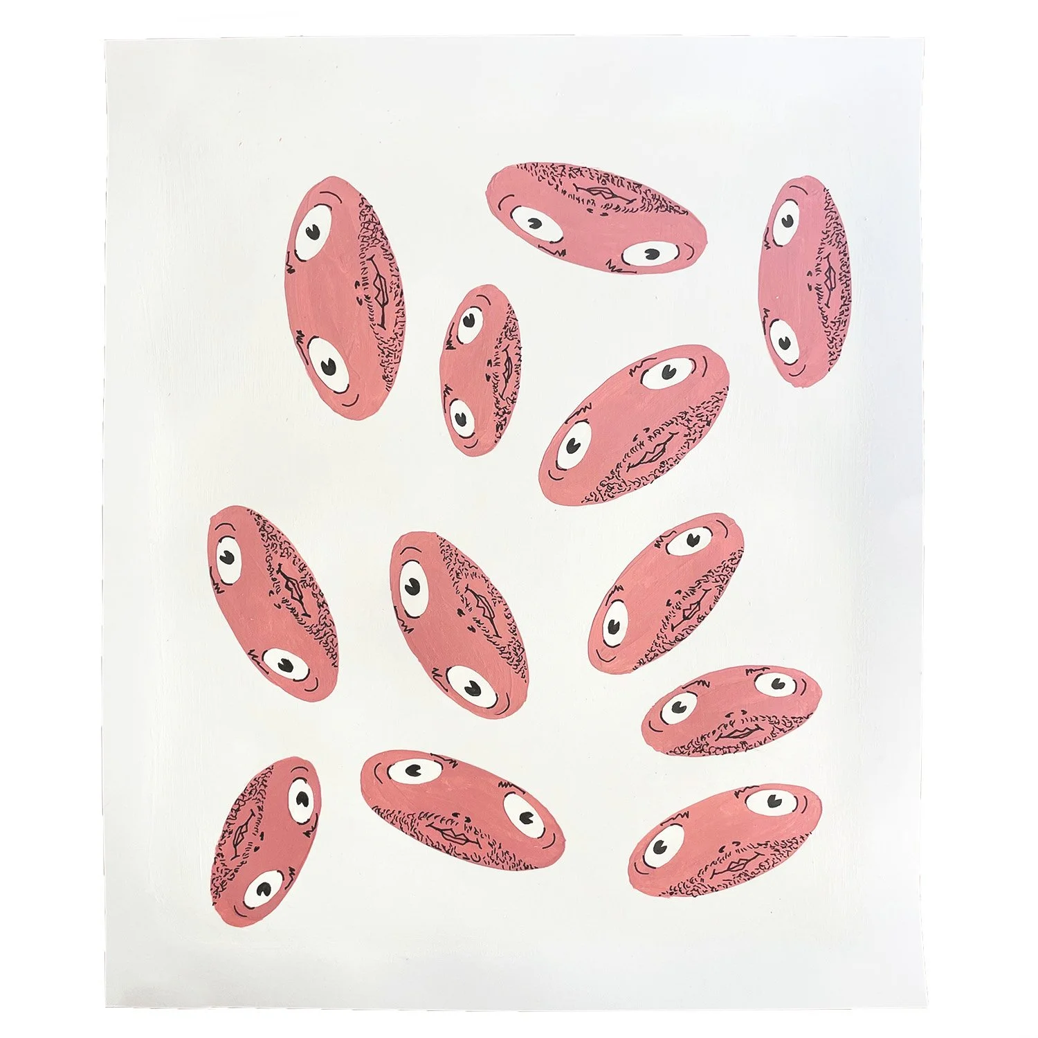 12 Floppy Faces, 17 x 14, acrylic primer, acrylic gouache, Coloraid Paper, ink pen on paper, 2026