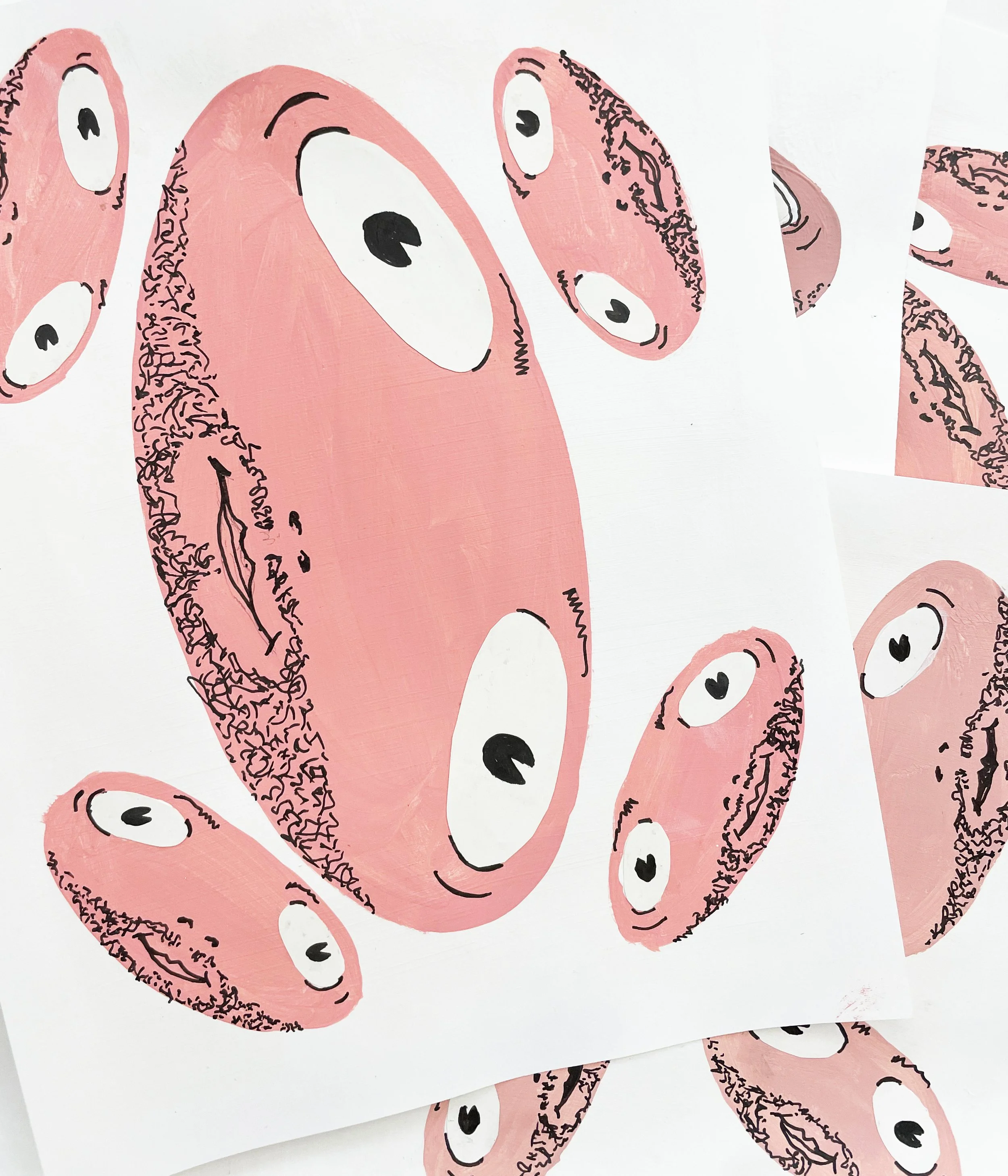 Pink Floppy Faces (multiple), 11 x 8.5, primer, acrylic gouache, Coloraid Paper, ink pen, 2026