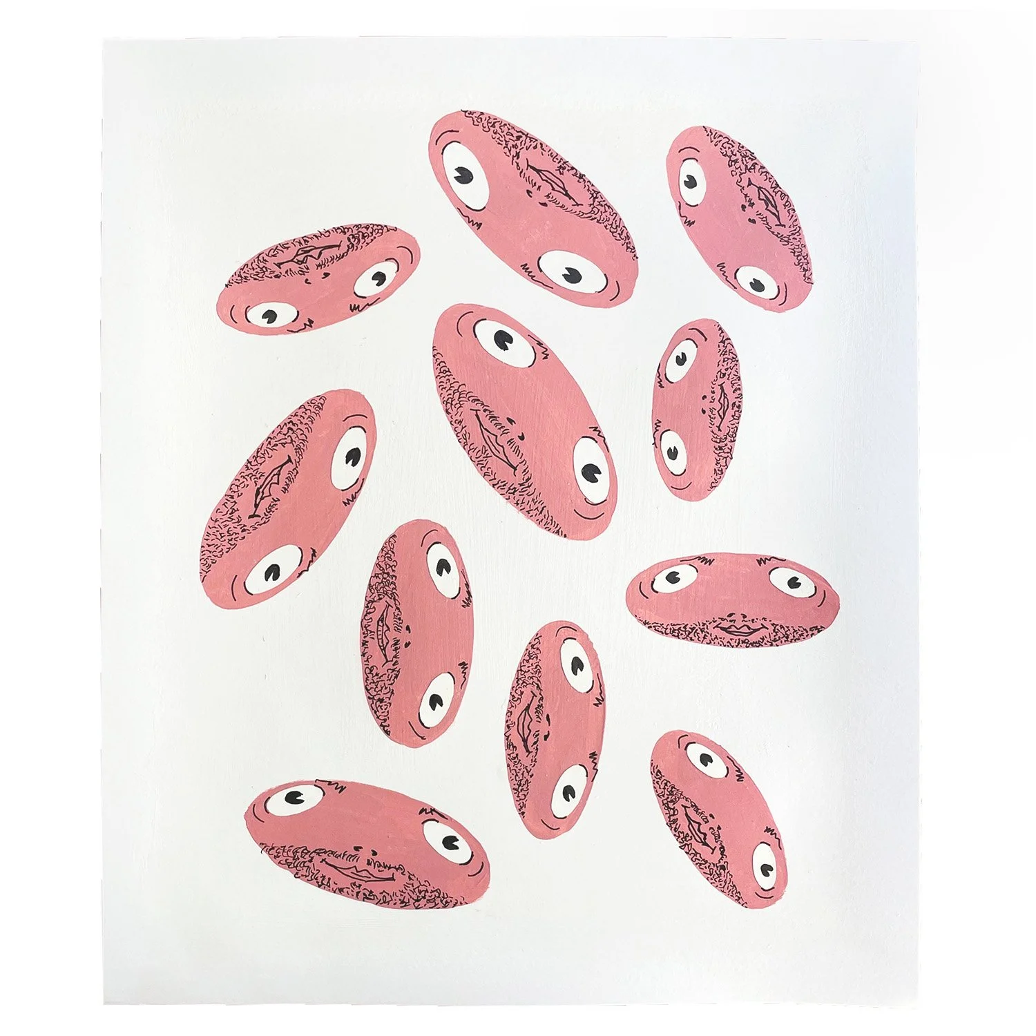 11 Floppy Faces, 17 x 14, acrylic primer, acrylic gouache, Coloraid Paper, ink pen on paper, 2026