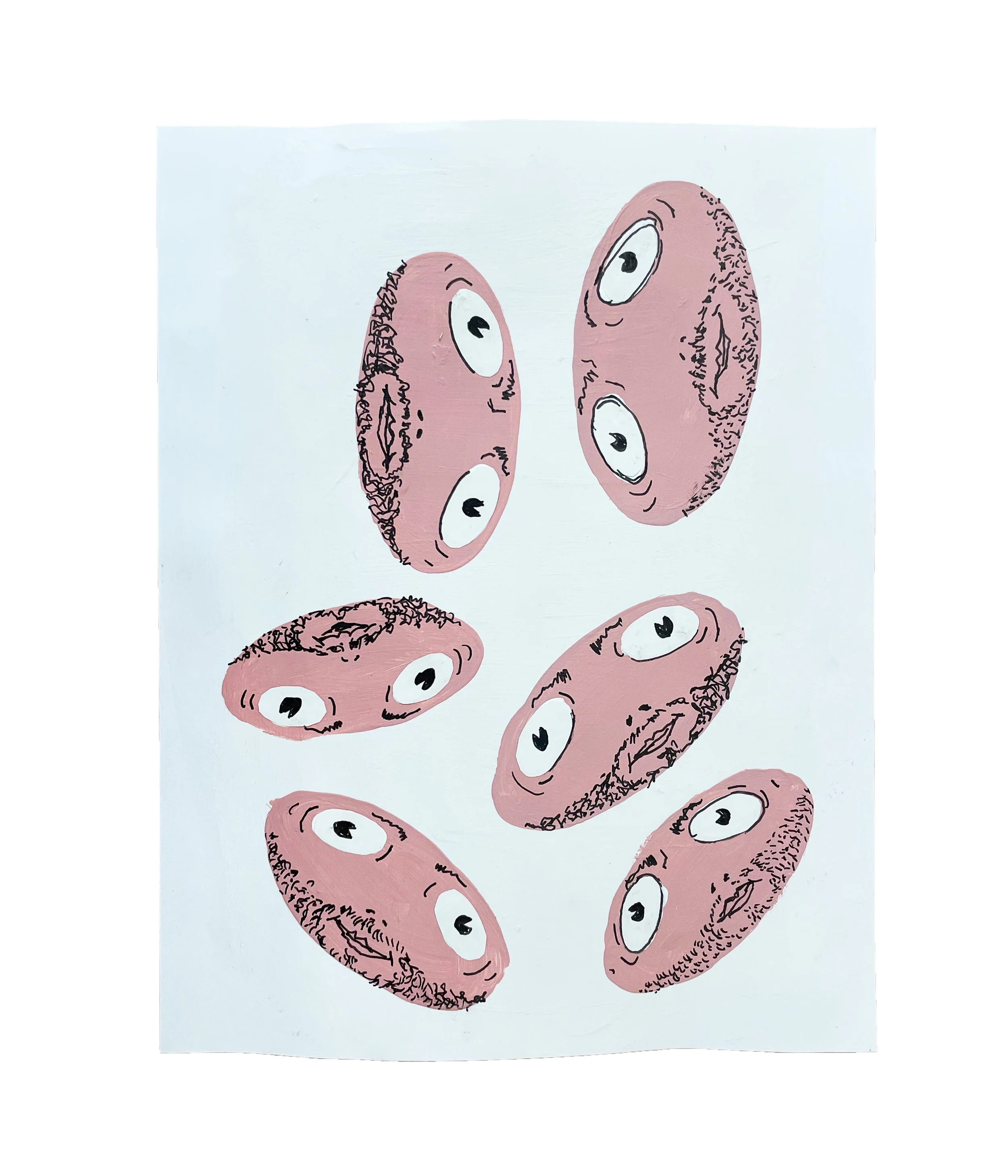 Pink Floppy Faces, 11 x 8.5, primer, acrylic gouache, Coloraid Paper, ink pen, 2026