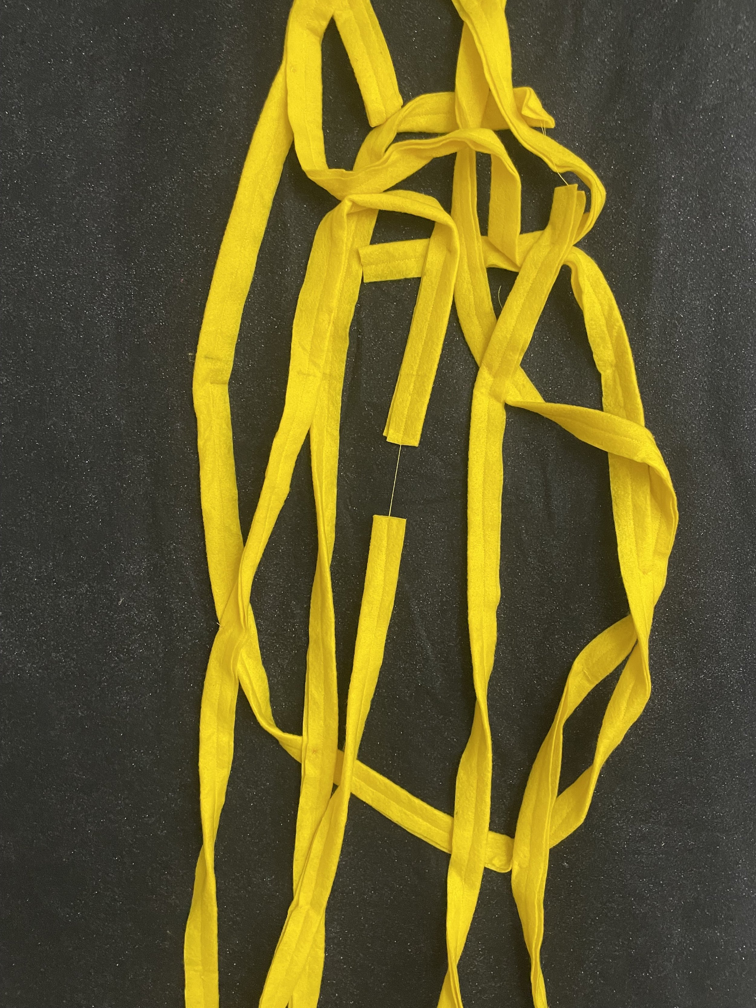 Untitled (the spaghetti tapestry), 2018-2026, 8’ x 3’, black sparkle felt, yellow felt, thread, cotton edging. (detail)
