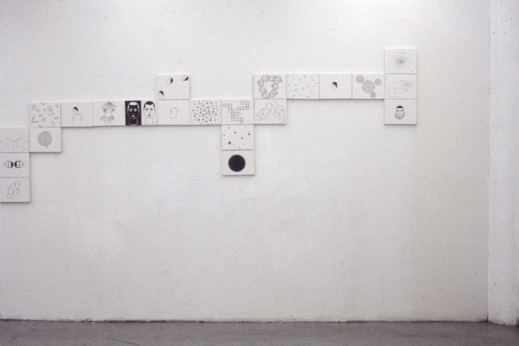 Drawings on Domino Motif, 31 individual letter size copy paper drawings in black sharpie, affixed to wood stretchers and canvas (individual dim 8.5h x 11w x 1d, Installed dim 51h x 220w x 1d), 1991, UC Davis