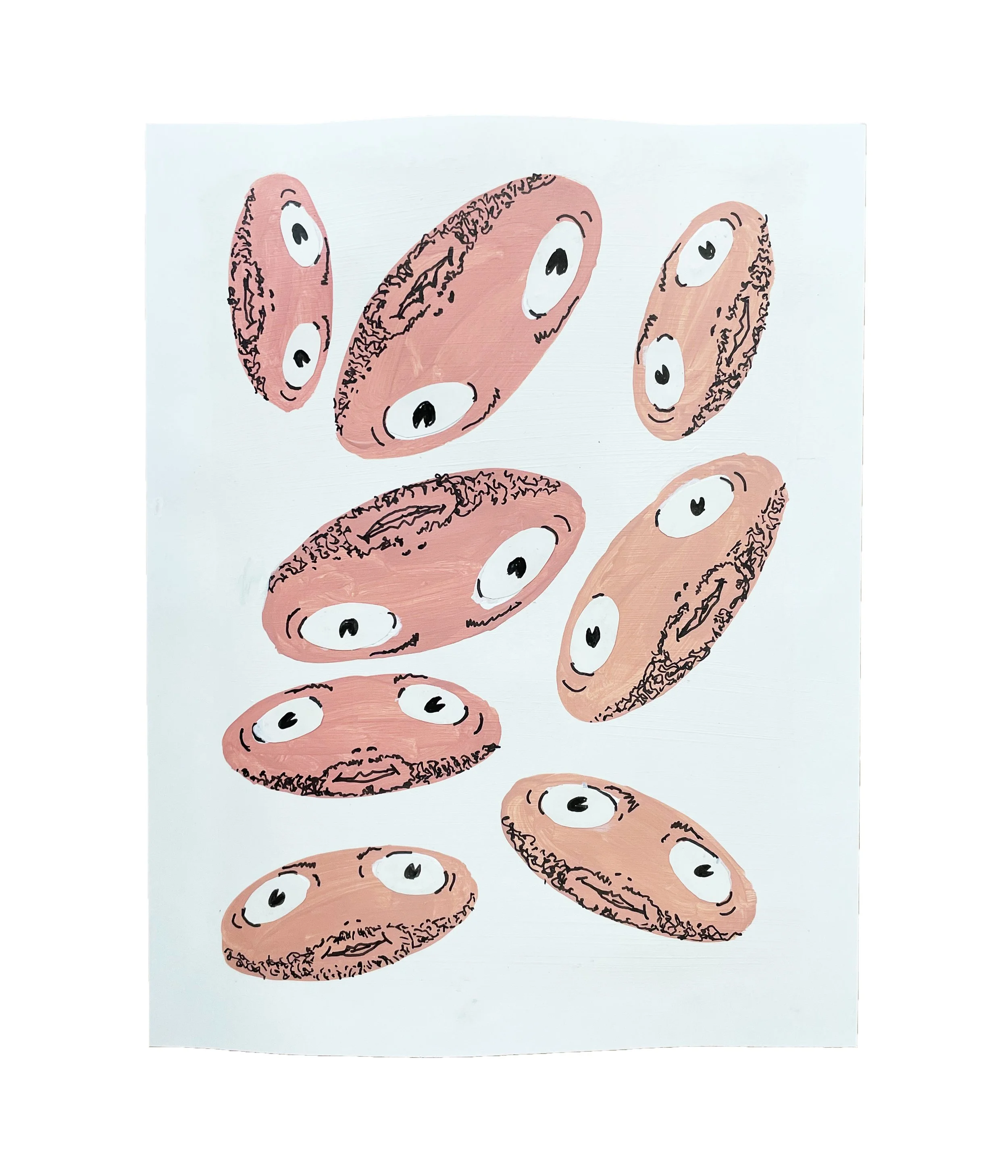 Pink Floppy Faces, 11 x 8.5, primer, acrylic gouache, Coloraid Paper, ink pen, 2026