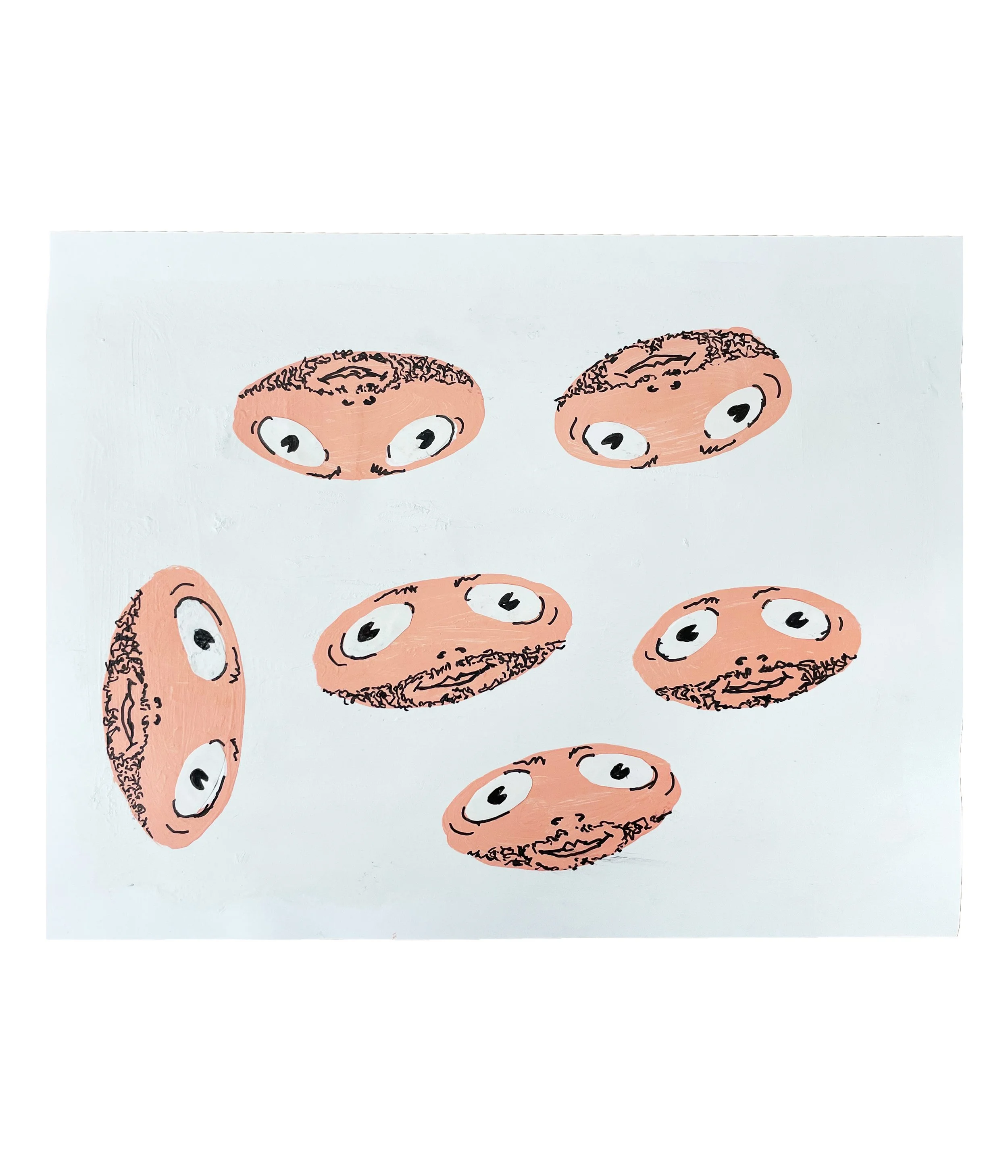 Pink Floppy Faces, 8.5 x 1, primer, acrylic gouache, Coloraid Paper, ink pen, 2026