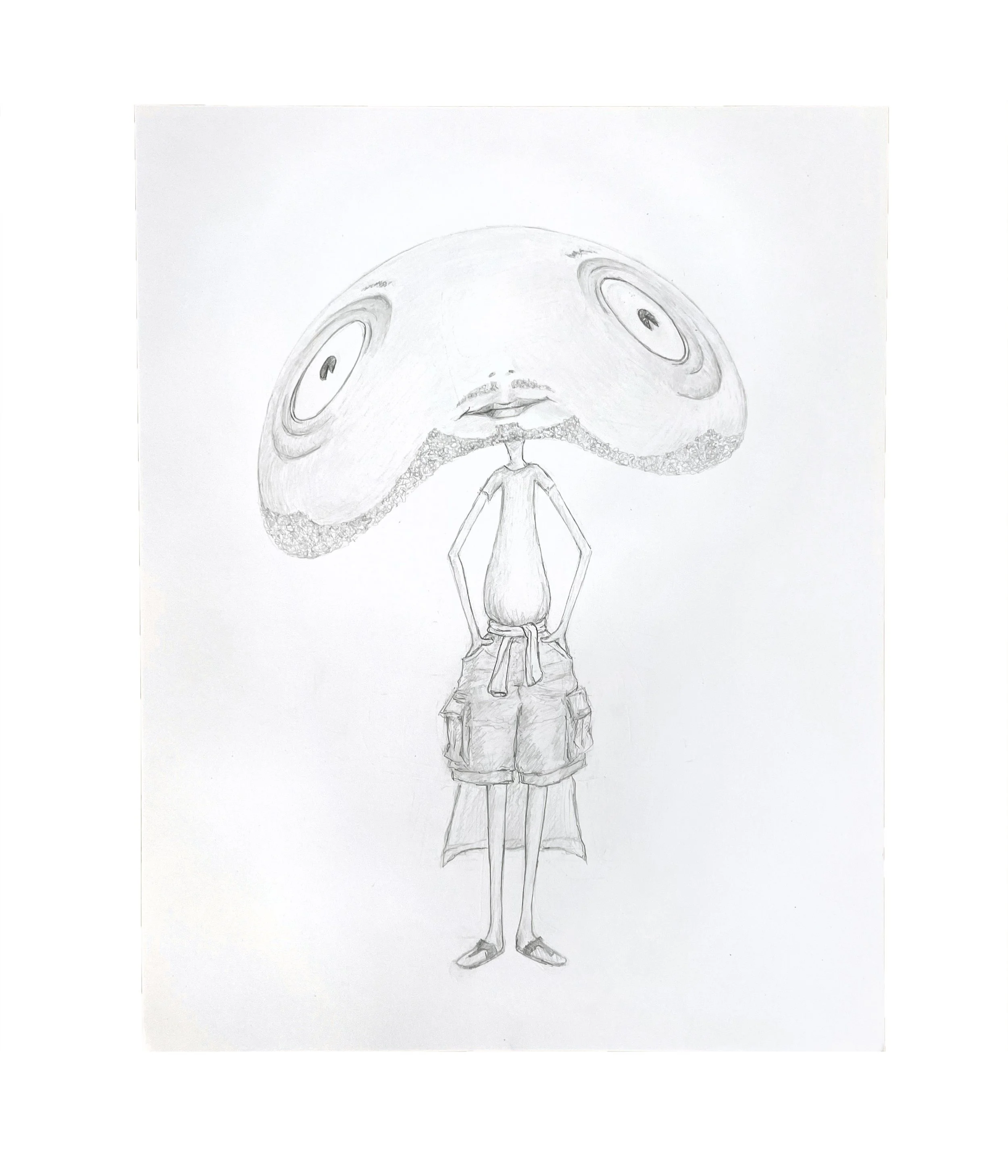Floppy Face in Cargo Shorts, 14 x 8, graphite pencil on paper, 2026
