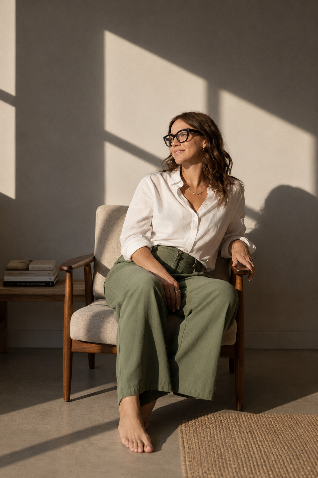 Frau mit Brille sitzt bequem auf einem Stuhl in einem hell erleuchteten Raum, Sonnenlicht wirft Schatten an die Wand.