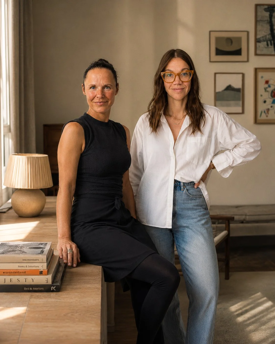 Zwei Frauen in einem Wohnzimmer, eine sitzt auf einem Tisch, die andere steht neben ihr. Es gibt eine Stehlampe, einige Bücher und Kunstwerke an der Wand.