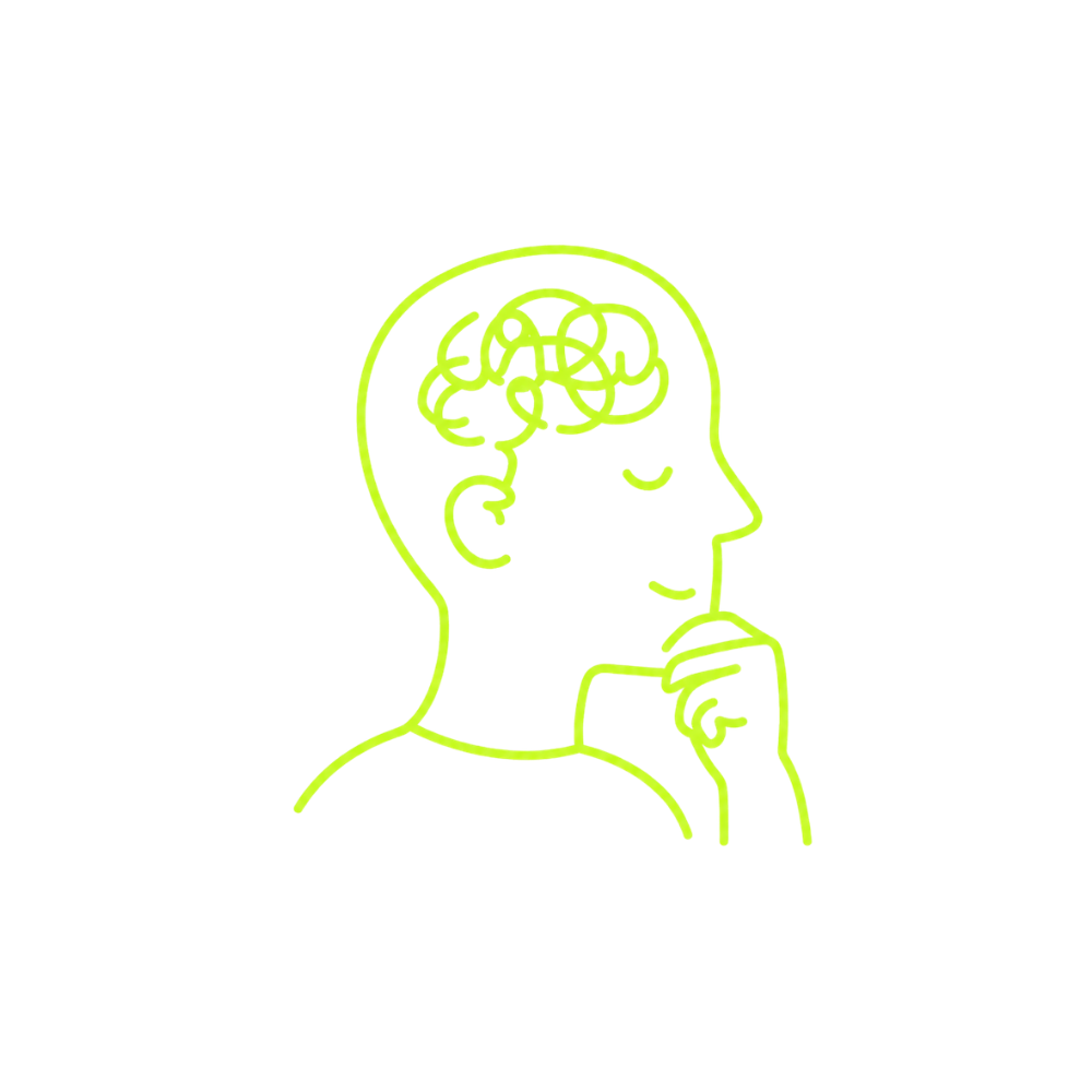 Nachdenkliche Person mit sichtbarem Gehirn, Symbol für psychologisch fundiertes Arbeiten.