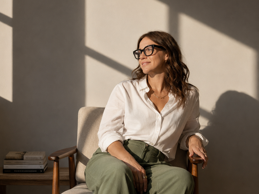 Frau mit schwarzer Brille, weißer Bluse und grüner Hose sitzt in einem Sessel und blickt lächelnd zur Seite. Warmes Sonnenlicht wirft geometrische Schatten auf die helle Wand.