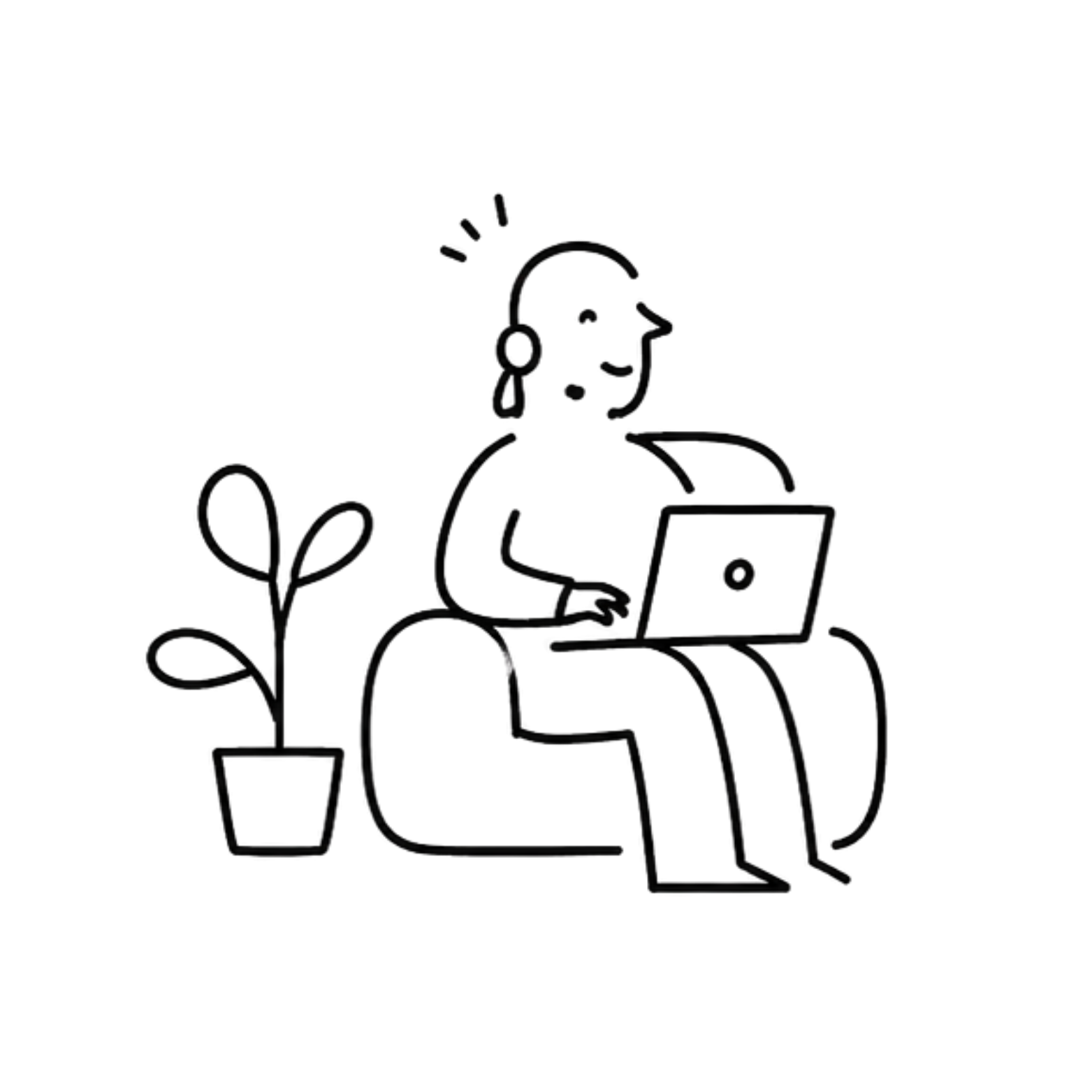 Schwarz-weiße Linienillustration einer Person, die mit einem Laptop auf einem Sessel sitzt. Links daneben steht eine kleine Topfpflanze.