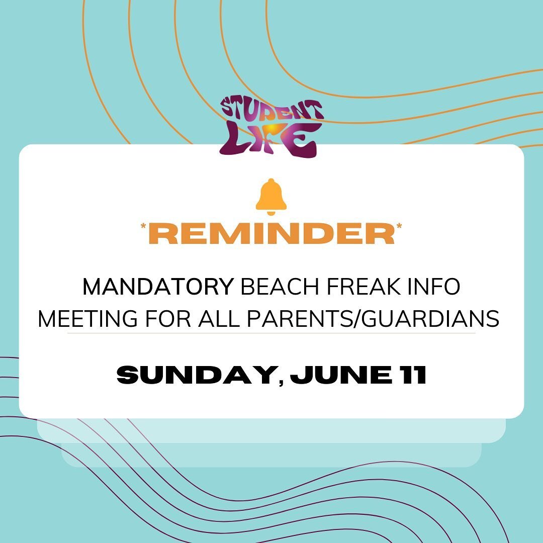 🌴INFO MEETING🌴

This is your reminder about the info meeting for all parents/guardians of students attending Beach Freak! This meeting will be THIS Sunday, June 11th. 

If your family attends CKVL, CKVL South, or Sparta campuses, your meeting will 