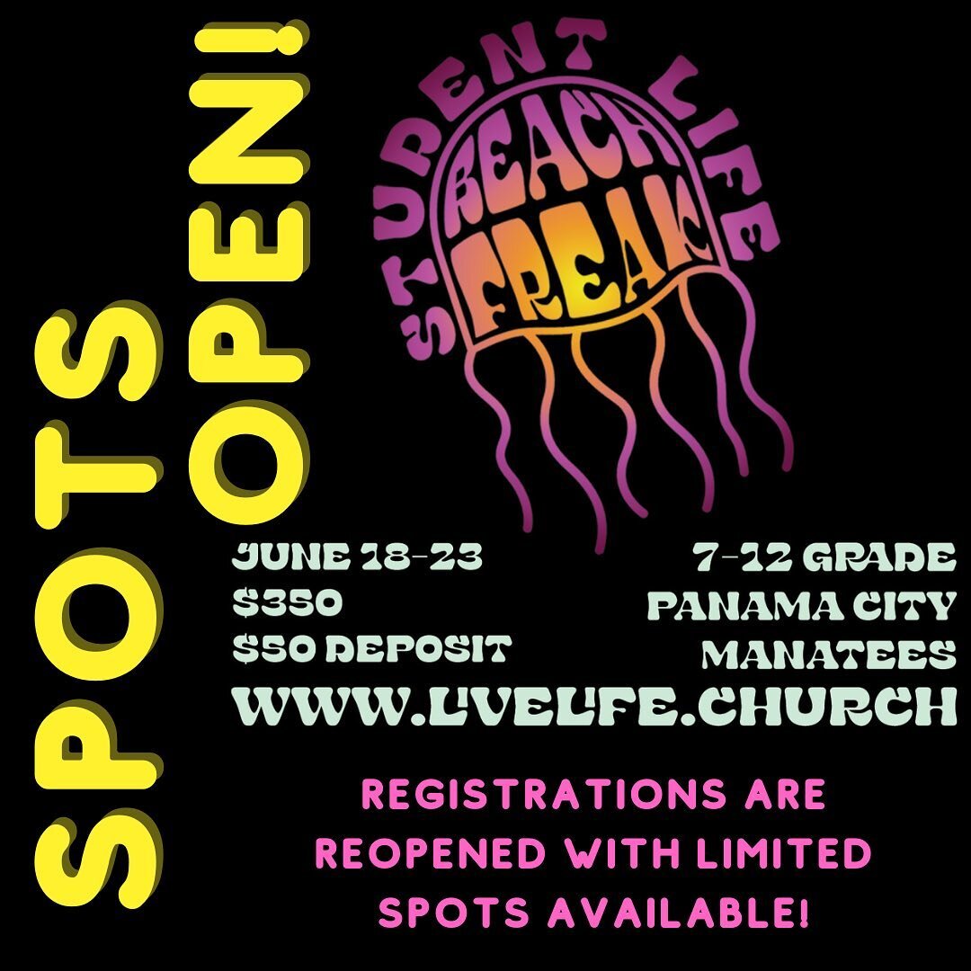 We have had ✨8 spots✨ become available!
Registration for Beach Freak has been opened and can be found on livelife.church/events on a first come, first serve basis to fill these final 8 spots! 
Email jtyler@livelife.church with any questions you may h