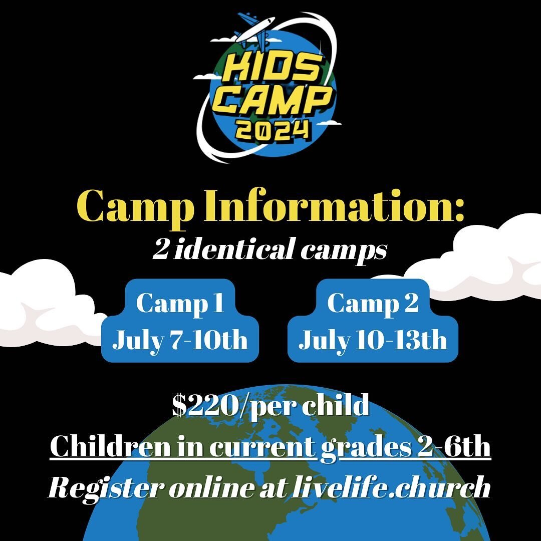 Kids Camp 2024 registrations are LIVE!!! 

Be sure to check out our website for details and more information! We are so excited to have 2 identical camps this year, each with 125 spots! These spots will fill up quickly, so don't wait to register. The