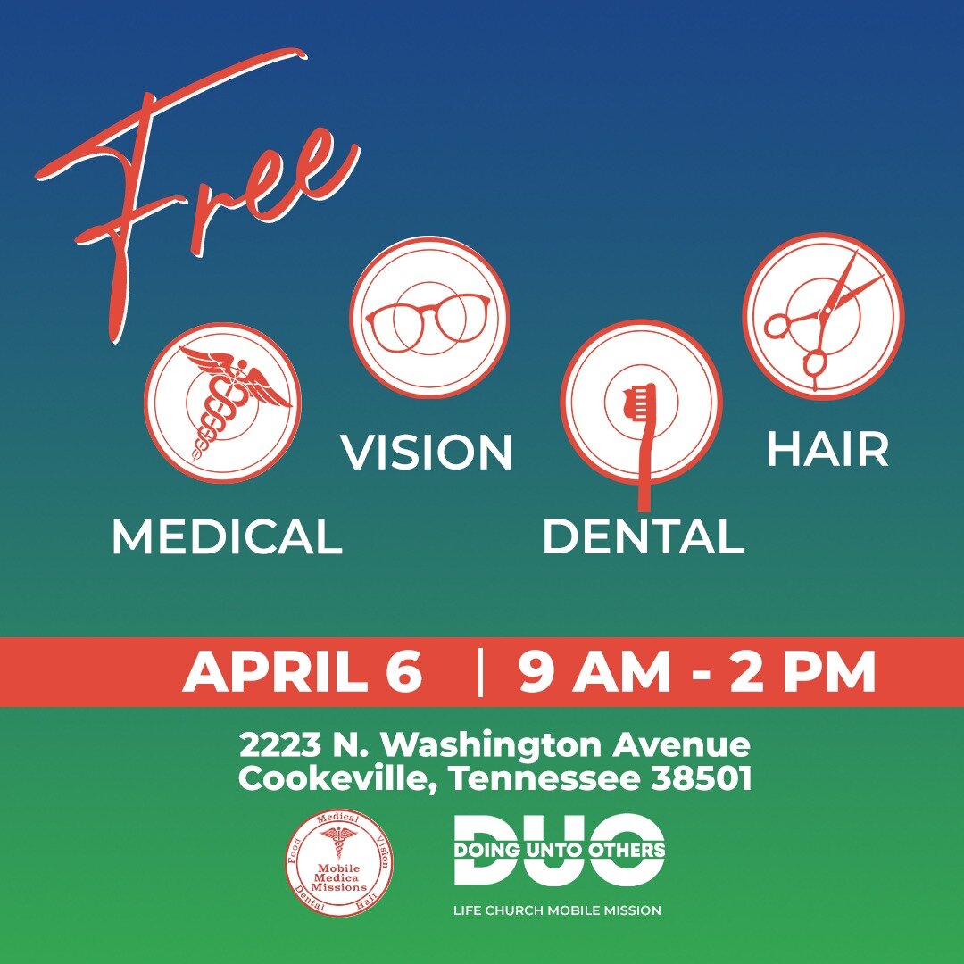 Our Mobile Medical Missions team will have a FREE clinic set up this Saturday for you to receive medical, vision, dental, and hair services. We will be in Cookeville April 6th from 9 AM - 2 PM. 

All of our services are on a first come first serve ba