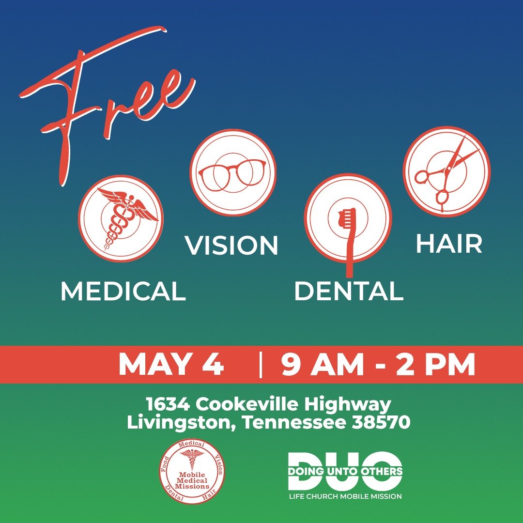 May 4th, Mark Your Calendars ✅

Join us at the Life Church Livingston Campus for FREE, no strings attached wellness, vision, dental, and hair services. All of our care is rendered on a first come, first serve basis. 

📍1634 Cookeville Highway, Livin
