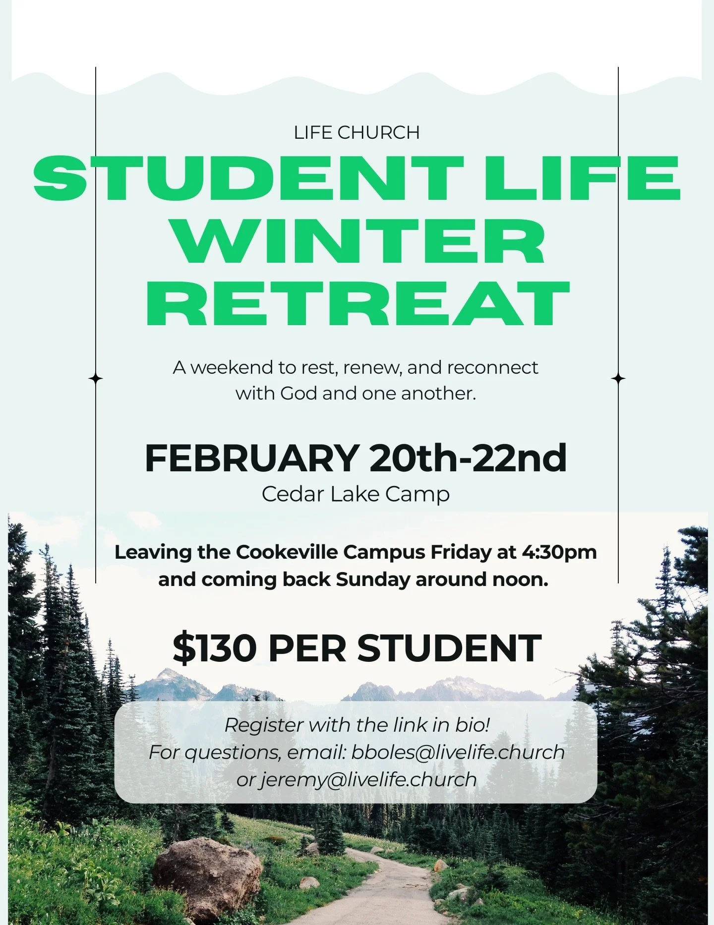 FUN ANNOUNCEMENT!! 🚨

Join us for an unforgettable Youth Winter Retreat ❄️ at Cedar Lake Camp in Livingston, TN&mdash;a weekend to step away from the everyday, build meaningful relationships, and grow together in a focused and fun environment.

🗓 F