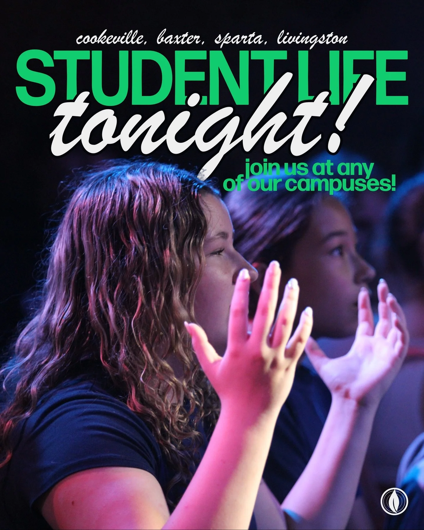 COME JOIN US FOR STUDENT LIFE TONIGHT

CKVL:
Afterschool @ 3 // Service @ 6:30

Baxter:
Afterschool @ 5:30 // Service @ 6:30

Sparta:
Afterschool @ 3:15 // Service @ 3:45

Livingston:
Afterschool @ 5:30 // Service @ 6:30

don't forget, YOU are invite